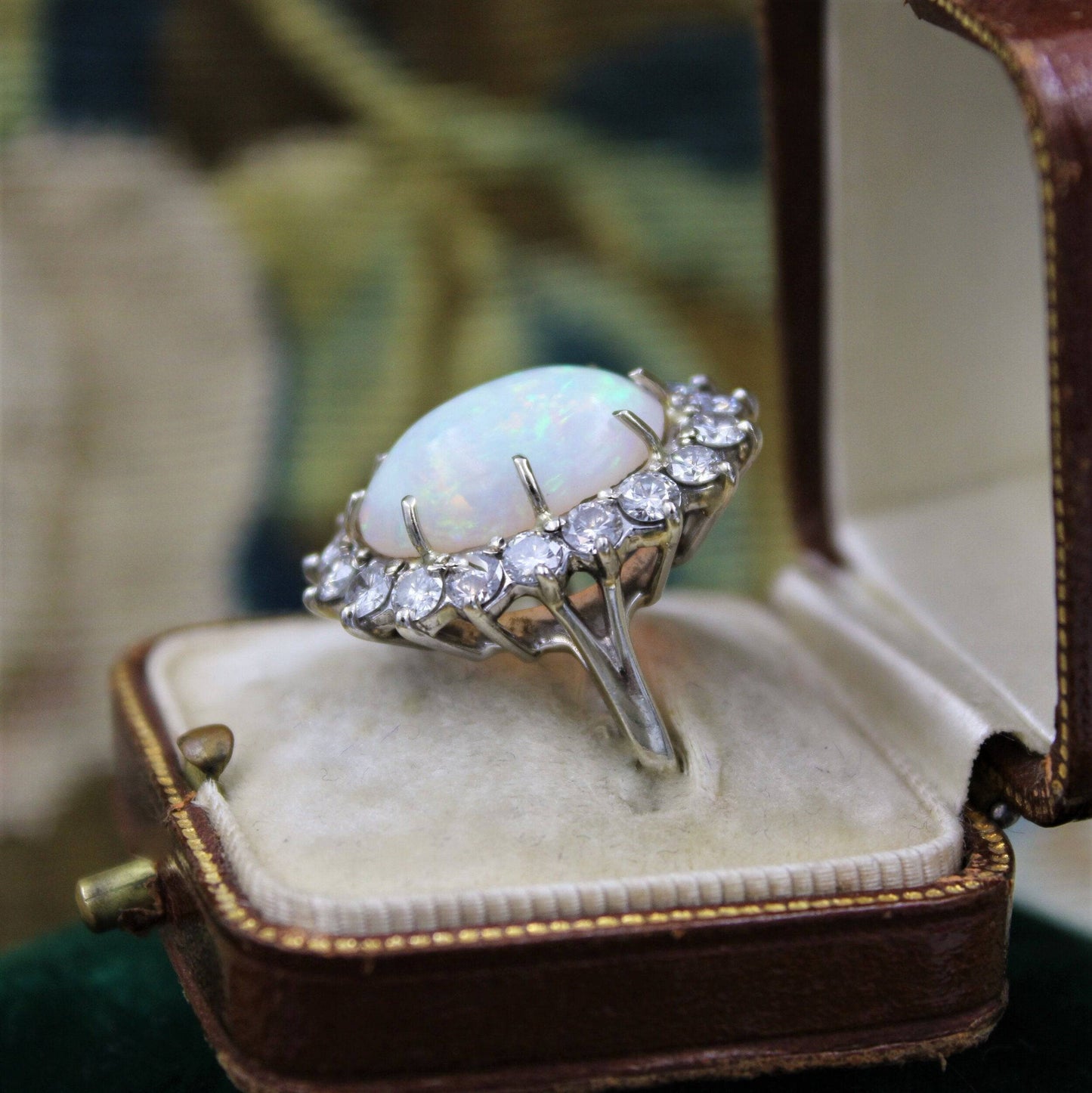 A very fine Opal and Diamond Cluster Ring set in 18ct White Gold, English, Circa 1960 - Robin Haydock Antiques
