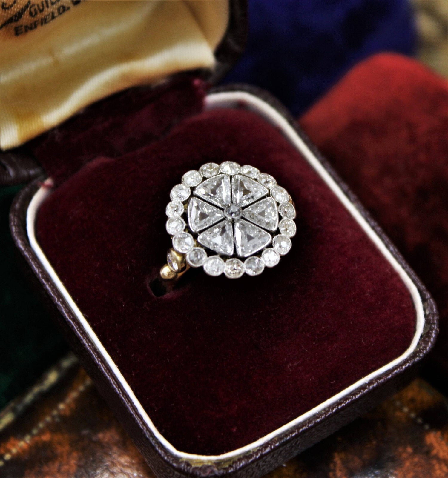 An exceptionally fine Triangular-Cut Diamond Cluster Ring set in 18ct Yellow Gold and Platinum tipped, Circa 1930 - Robin Haydock Antiques