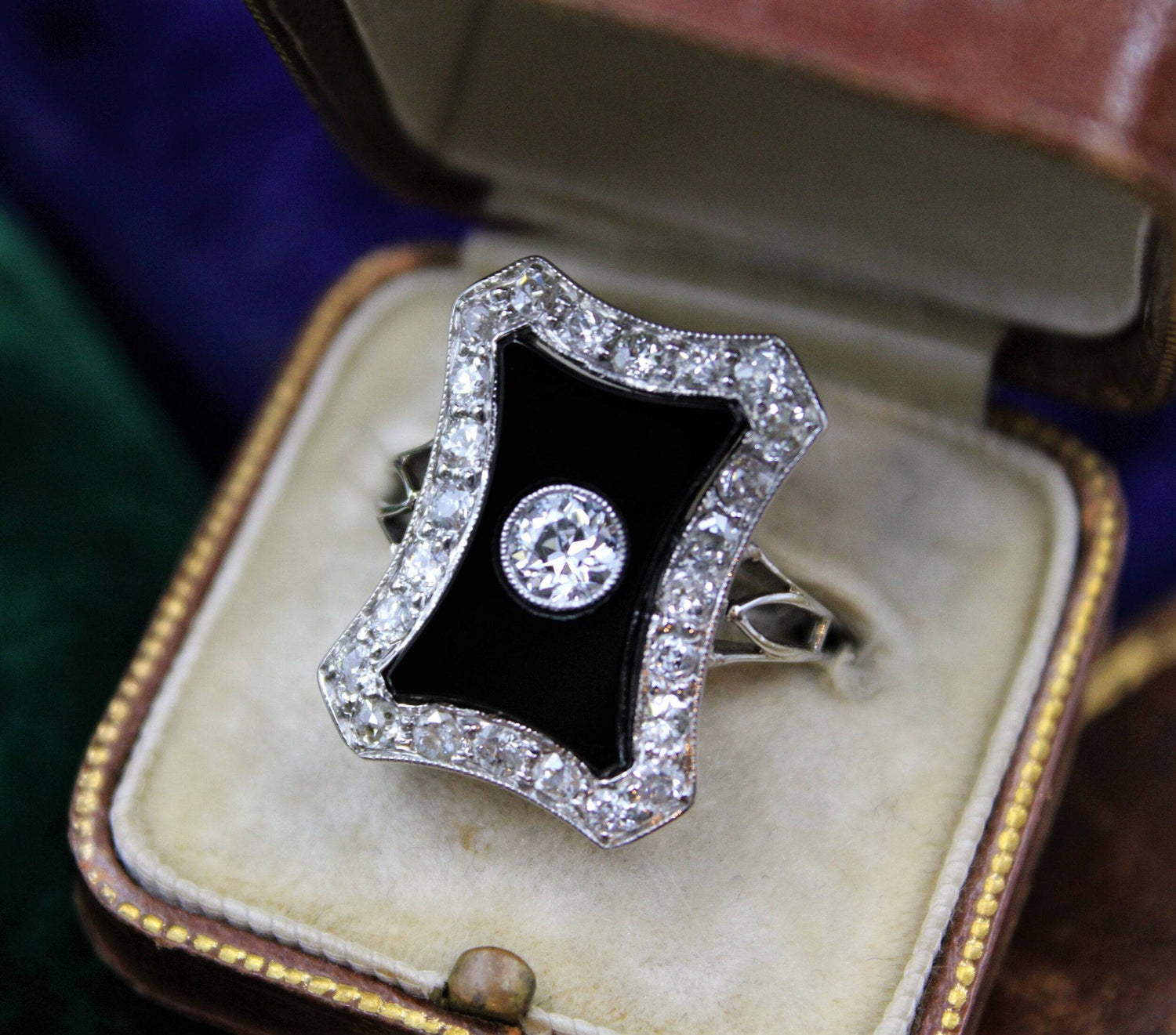 An exquisite Art Deco Black Onyx & Diamond "Plaque" Ring set in Platinum, Circa 1930 - Robin Haydock Antiques