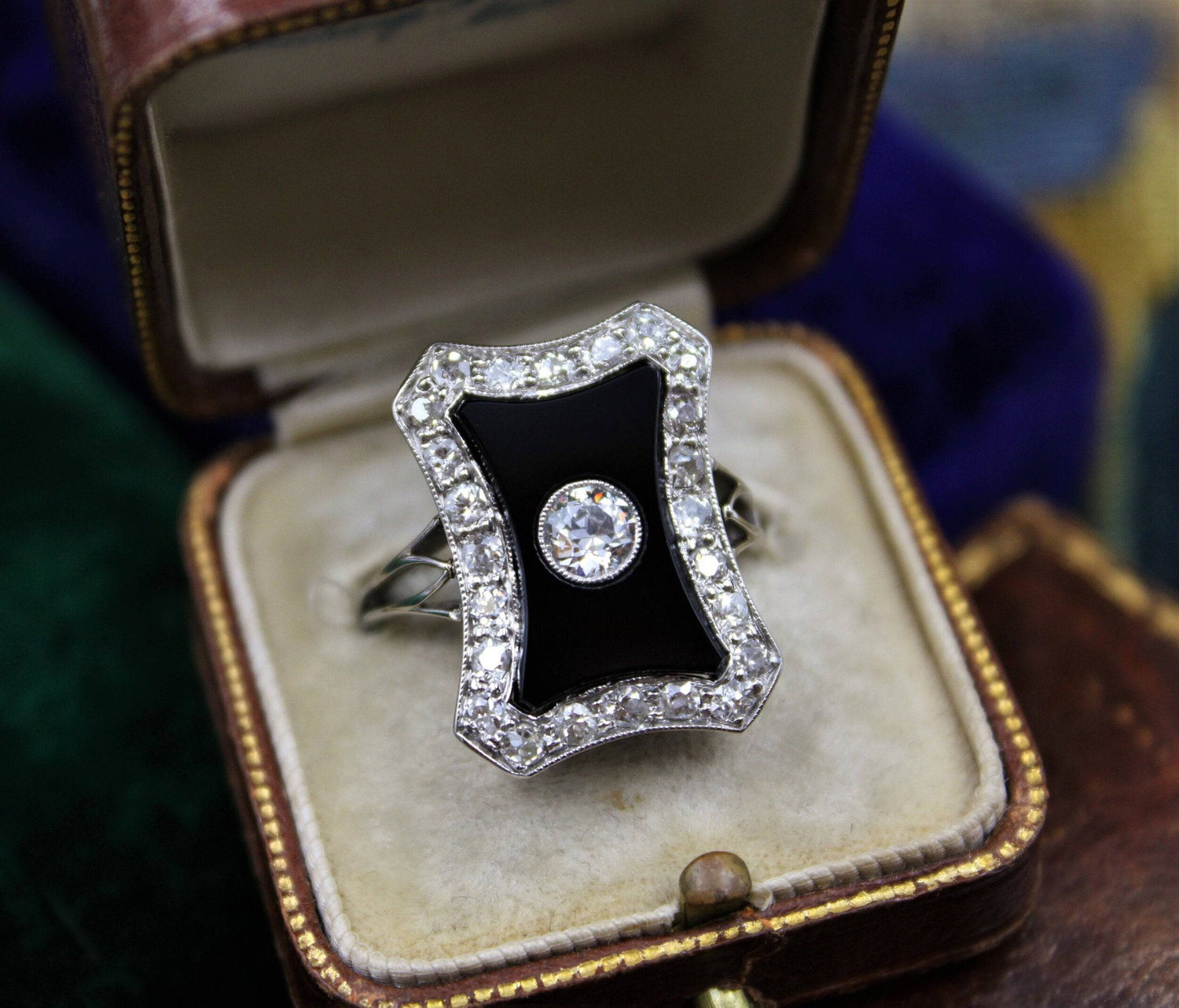 An exquisite Art Deco Black Onyx & Diamond "Plaque" Ring set in Platinum, Circa 1930 - Robin Haydock Antiques