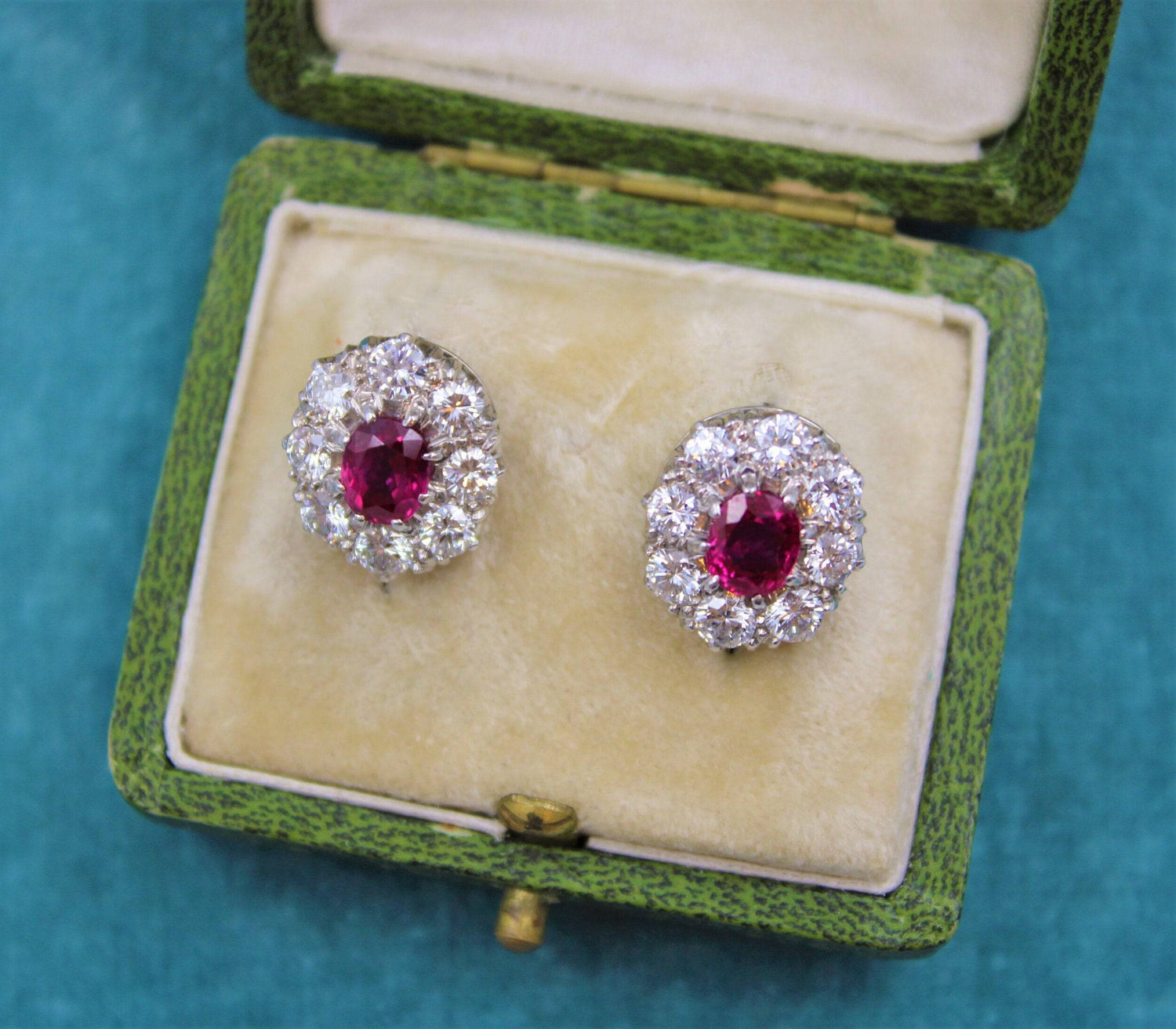 A pair of Natural Burma Ruby and Diamond Cluster Earrings in Platinum and 18ct White Gold, Circa 1950 - Robin Haydock Antiques