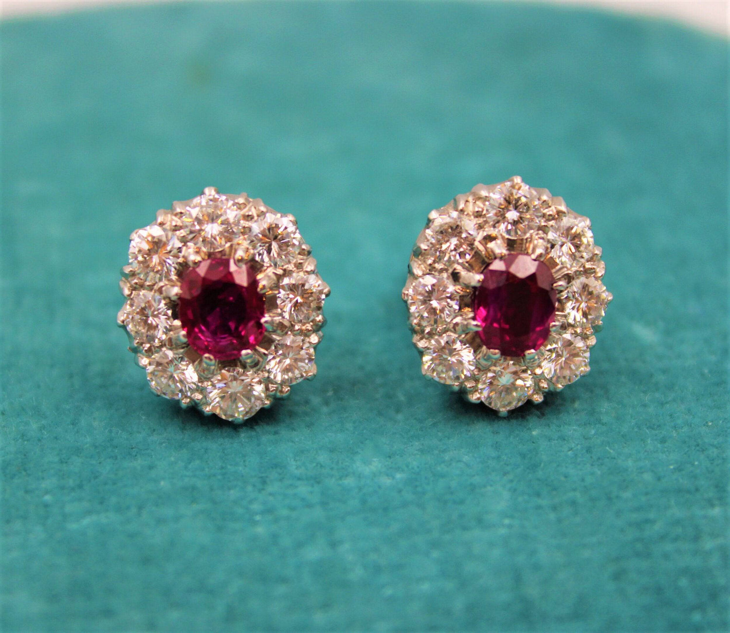 A pair of Natural Burma Ruby and Diamond Cluster Earrings in Platinum and 18ct White Gold, Circa 1950 - Robin Haydock Antiques
