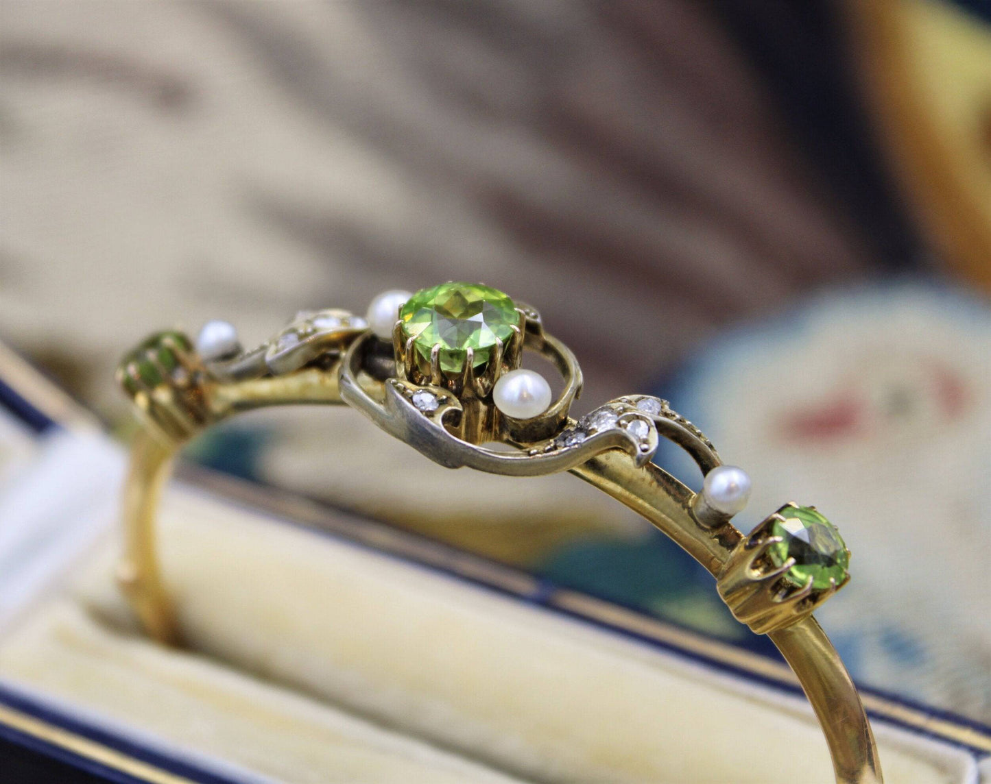 A very fine Peridot, Diamond and Natural Pearl Bangle mounted in 15ct Yellow Gold, English, Circa 1905 - Robin Haydock Antiques