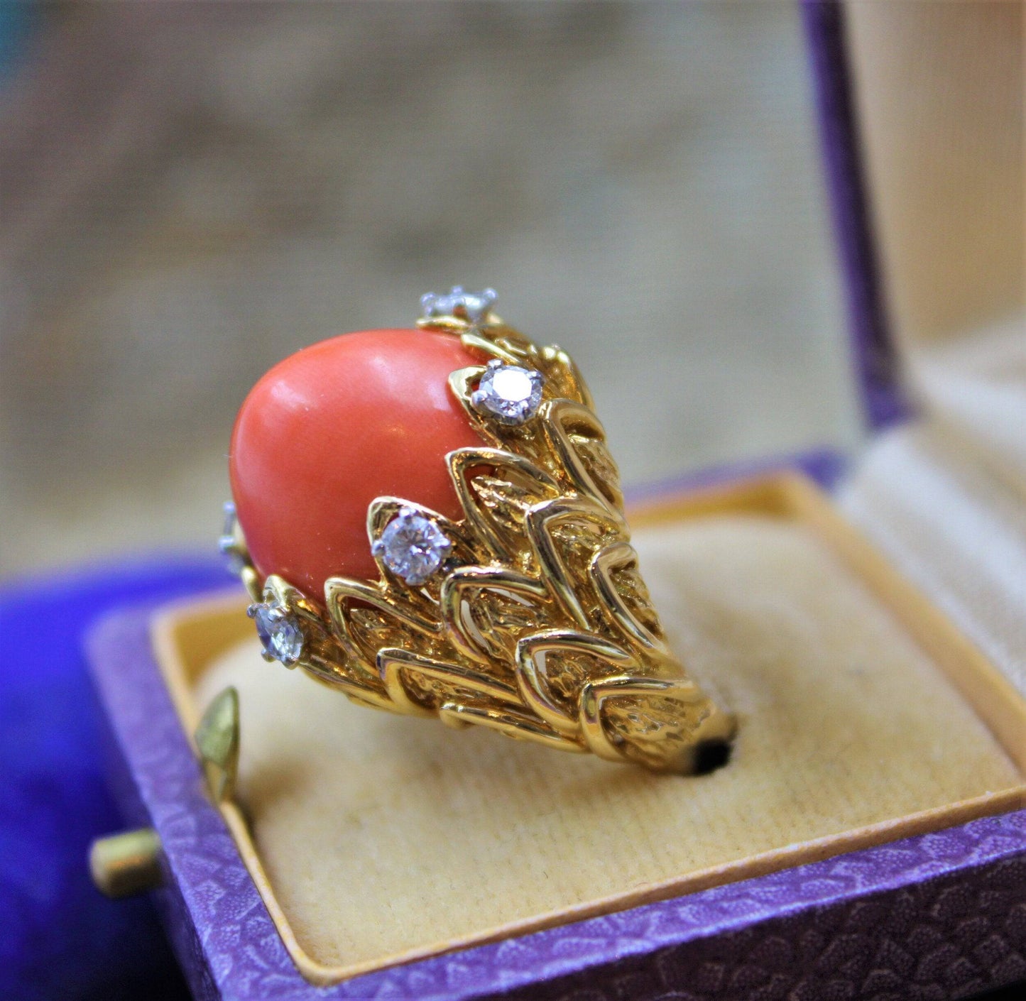 An exceptionally fine Coral & Diamond Ring in 18ct Yellow Gold, French, Circa 1970 - Robin Haydock Antiques