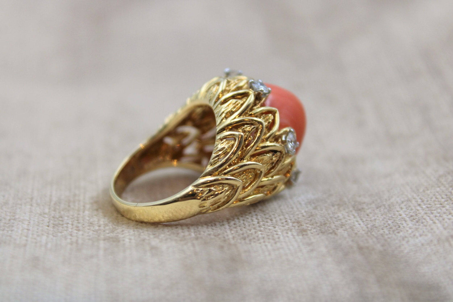 An exceptionally fine Coral & Diamond Ring in 18ct Yellow Gold, French, Circa 1970 - Robin Haydock Antiques