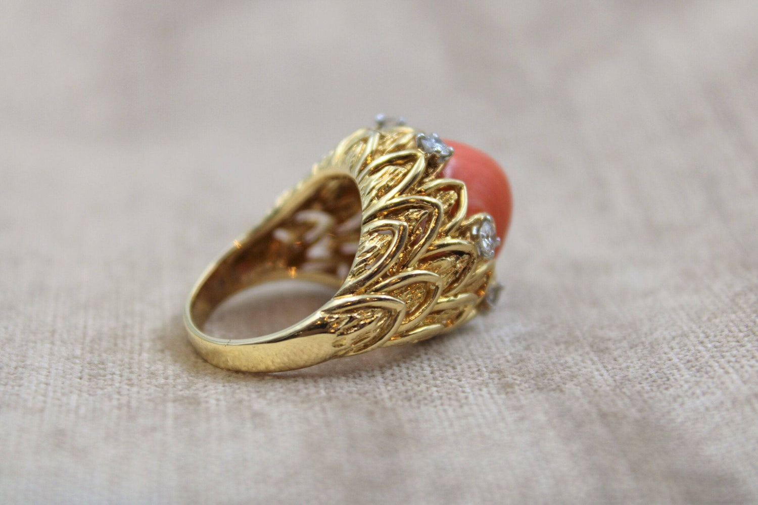 An exceptionally fine Coral & Diamond Ring in 18ct Yellow Gold, French, Circa 1970 - Robin Haydock Antiques