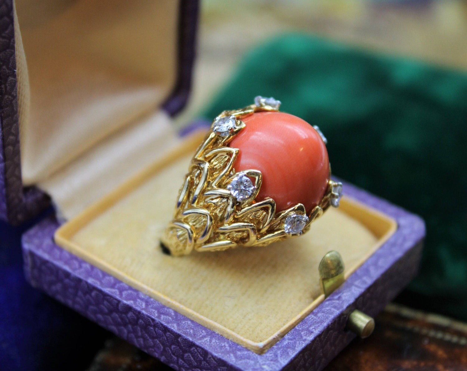 An exceptionally fine Coral & Diamond Ring in 18ct Yellow Gold, French, Circa 1970 - Robin Haydock Antiques