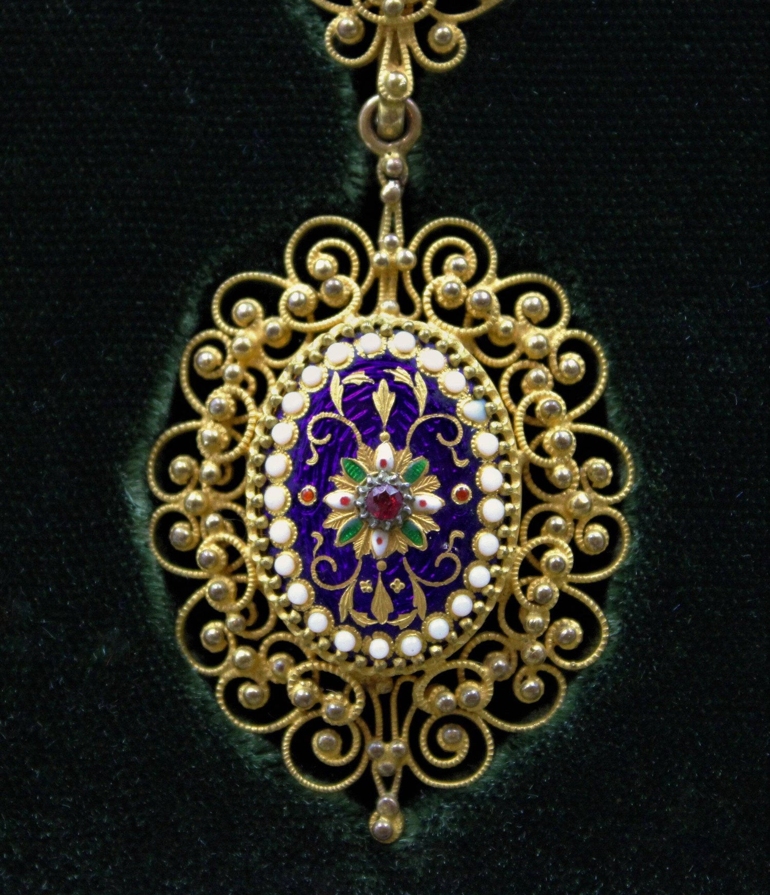 An exquisite Gilt metal Necklace with finely worked Bressan Enamel panels surrounded by Gilded filigree work in the Cannetille style with a detachable Pendant, French, Circa 1870 - Robin Haydock Antiques