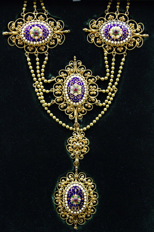 An exquisite Gilt metal Necklace with finely worked Bressan Enamel panels surrounded by Gilded filigree work in the Cannetille style with a detachable Pendant, French, Circa 1870 - Robin Haydock Antiques