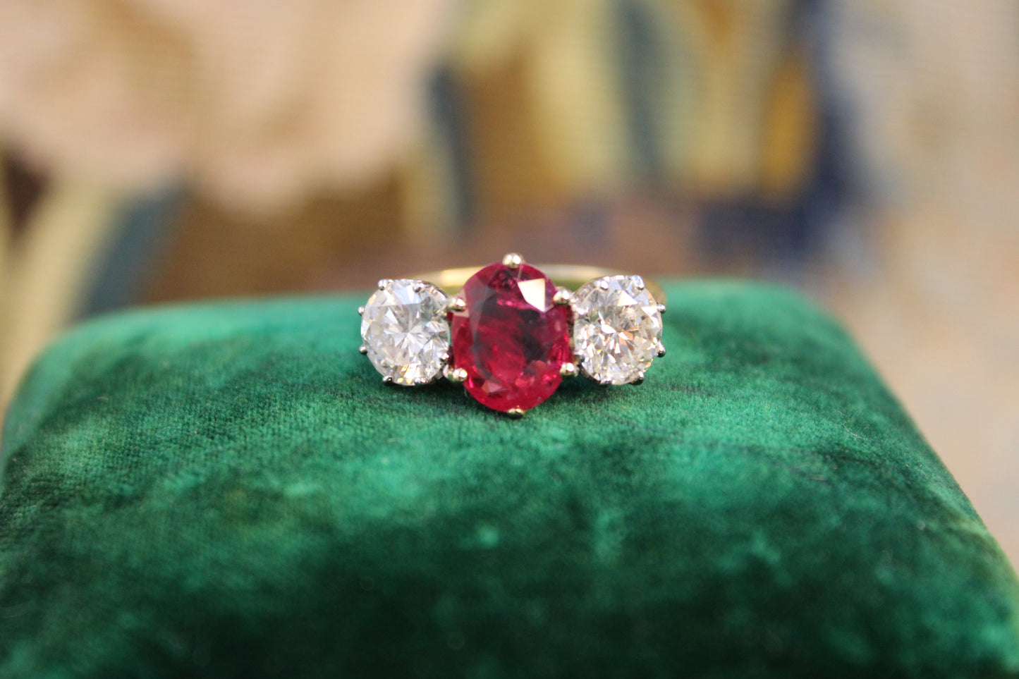 A three-stone Ruby & Diamond Ring in 18ct Yellow Gold, English, Circa 1970 - Robin Haydock Antiques