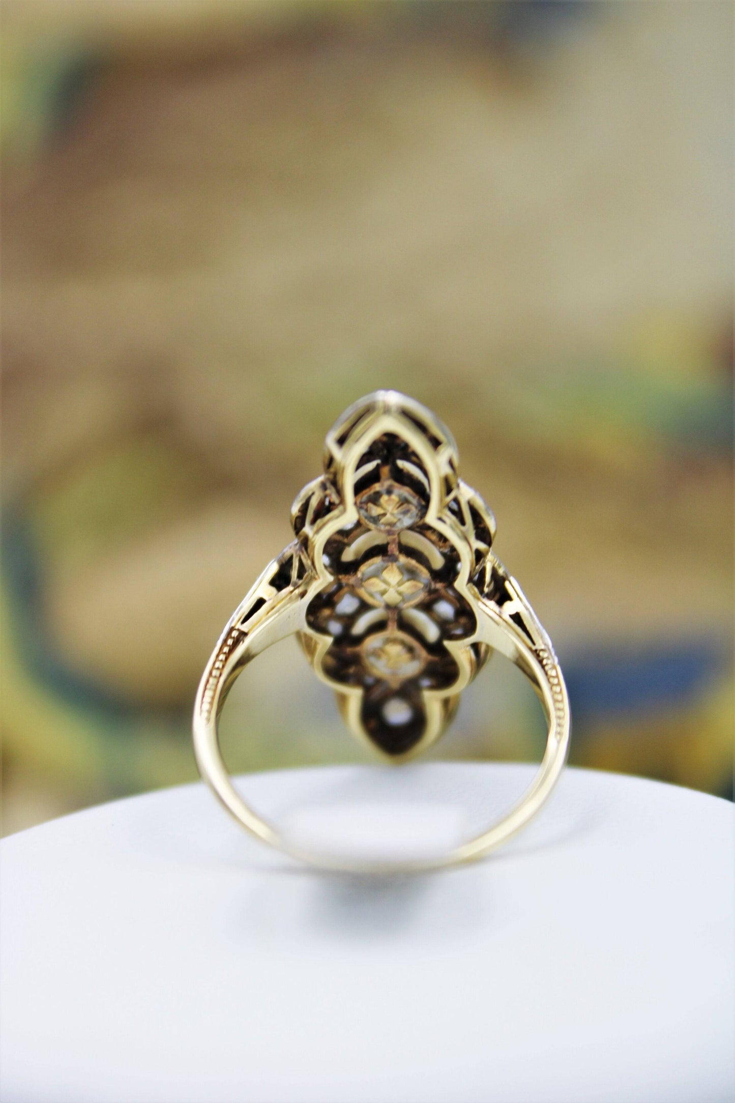 A very fine Natural Pearl & Diamond Plaque Ring set in 18ct Yellow Gold & Platinum, French, Circa 1925. - Robin Haydock Antiques