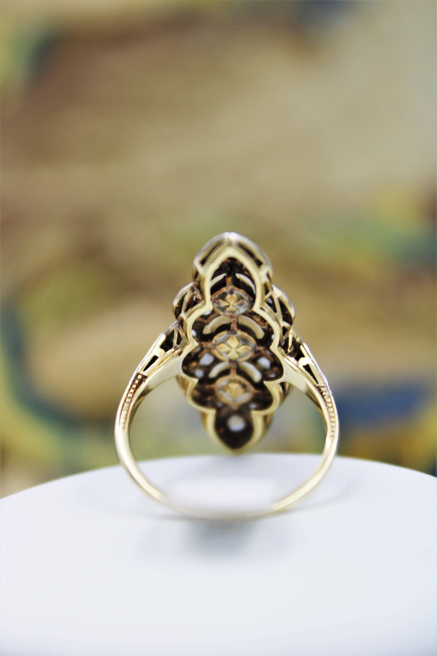 A very fine Natural Pearl & Diamond Plaque Ring set in 18ct Yellow Gold & Platinum, French, Circa 1925. - Robin Haydock Antiques