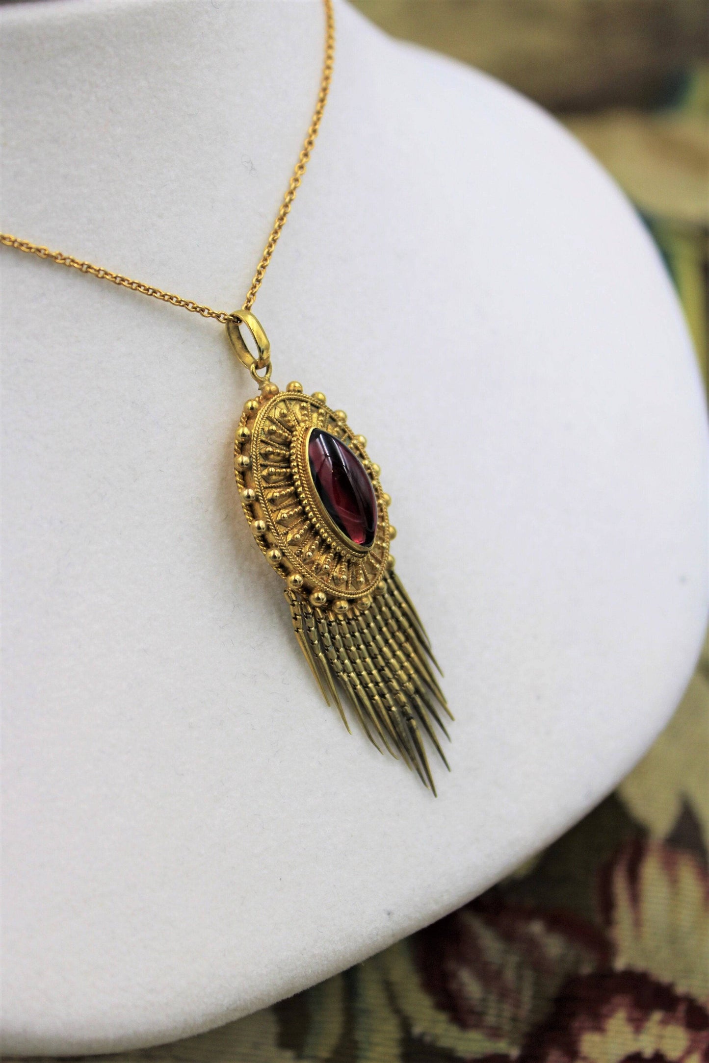 A very fine Victorian Etruscan Revival Garnet Tassel Pendant set in 15ct Yellow Gold, English, Circa 1880 - Robin Haydock Antiques