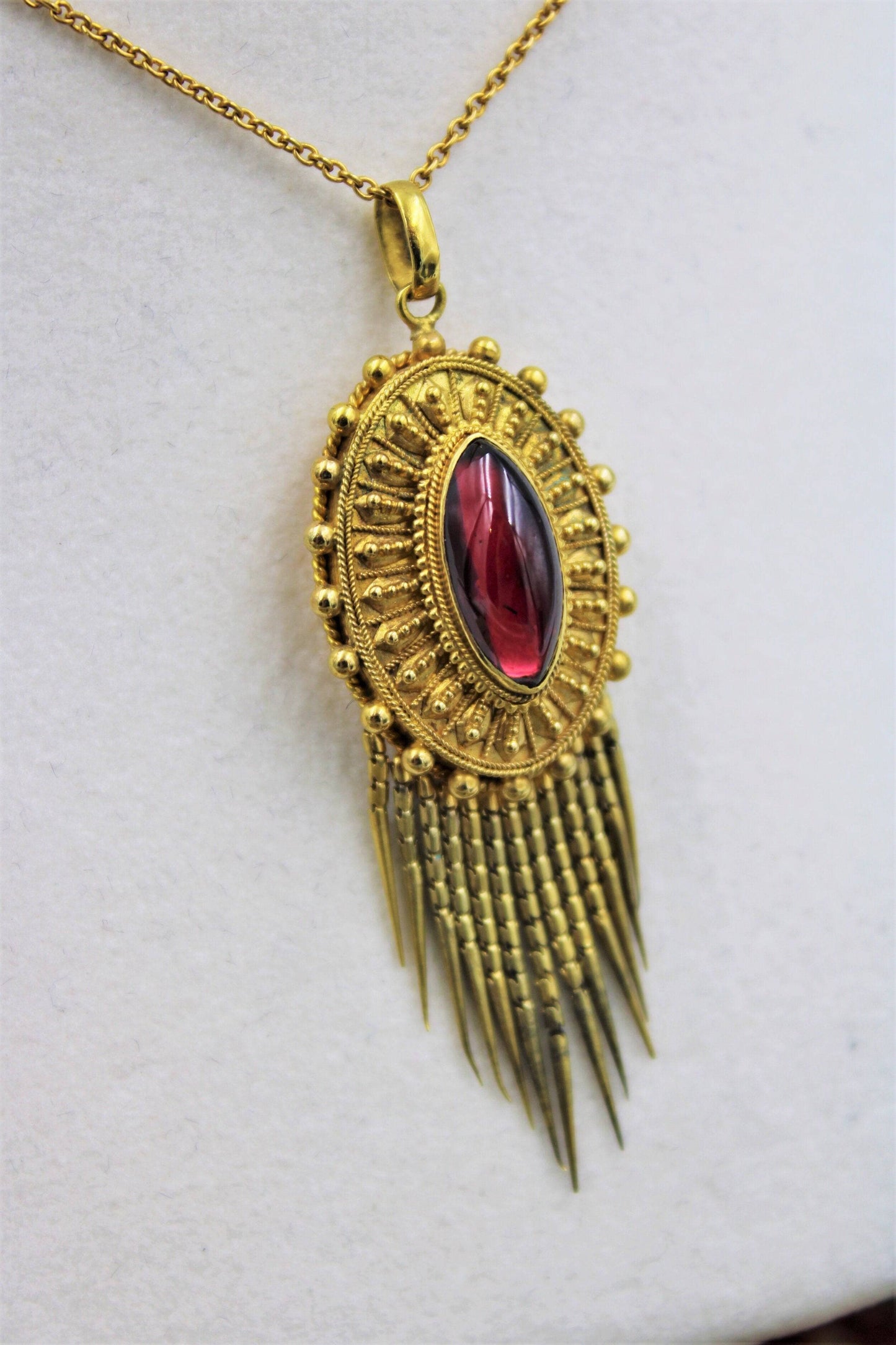 A very fine Victorian Etruscan Revival Garnet Tassel Pendant set in 15ct Yellow Gold, English, Circa 1880 - Robin Haydock Antiques