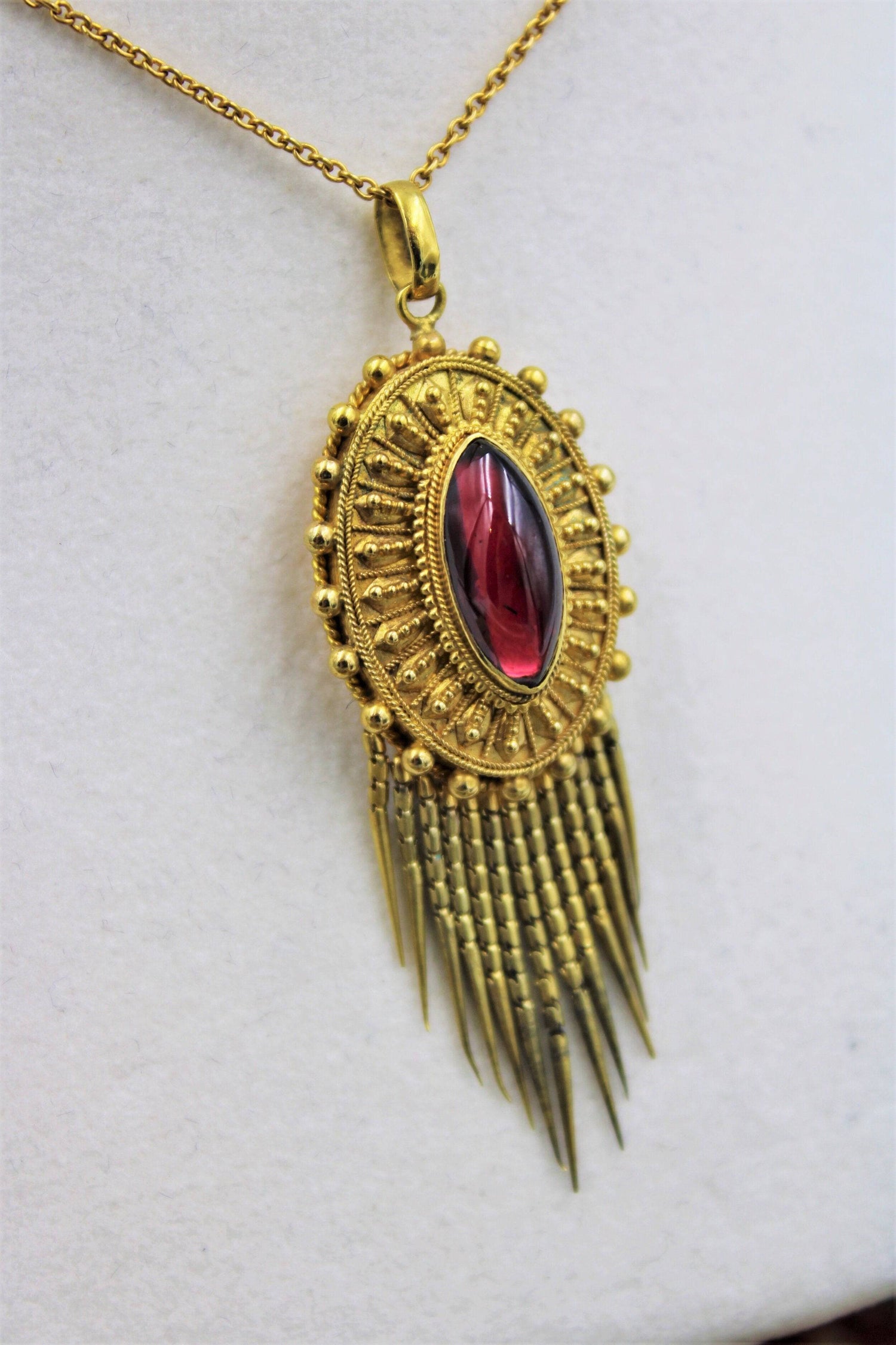 A very fine Victorian Etruscan Revival Garnet Tassel Pendant set in 15ct Yellow Gold, English, Circa 1880 - Robin Haydock Antiques