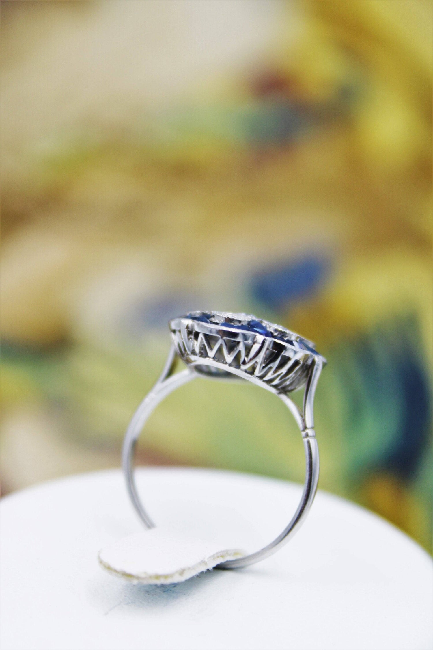 A very unusual Platinum & Diamond & Sapphire "Plaque" Ring, Circa 1930-1940. - Robin Haydock Antiques