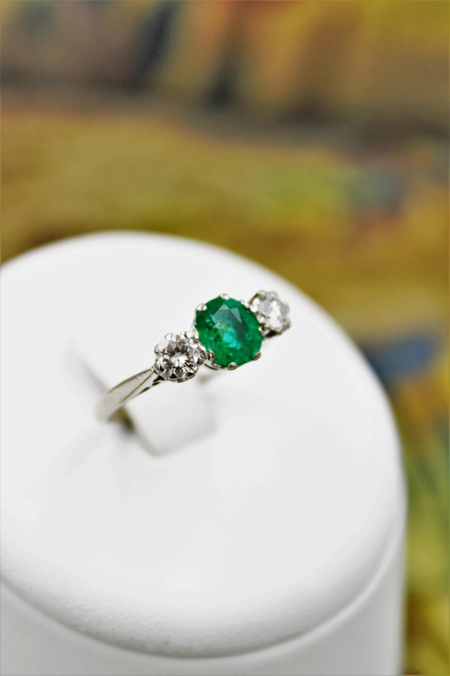A very fine  Emerald & Diamond Three Stone Ring set in 18ct White Gold, Circa 1955 - Robin Haydock Antiques