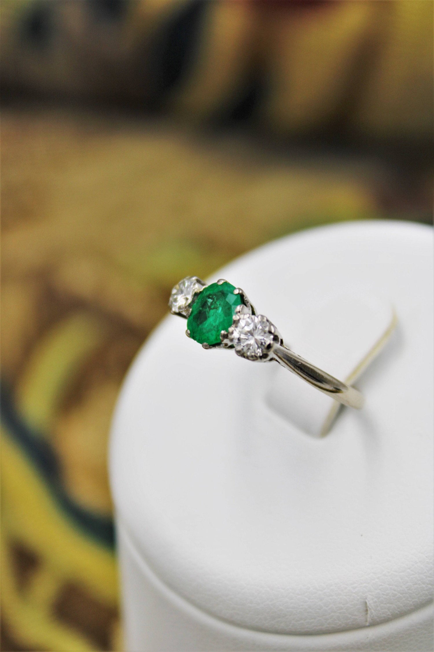 A very fine  Emerald & Diamond Three Stone Ring set in 18ct White Gold, Circa 1955 - Robin Haydock Antiques