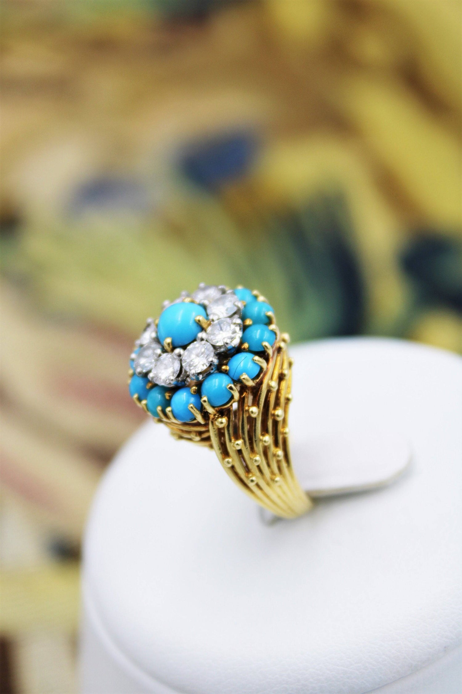 A stylish Turquoise & Diamond Cocktail Ring set in  18ct Yellow Gold, French, Circa 1960 - Robin Haydock Antiques