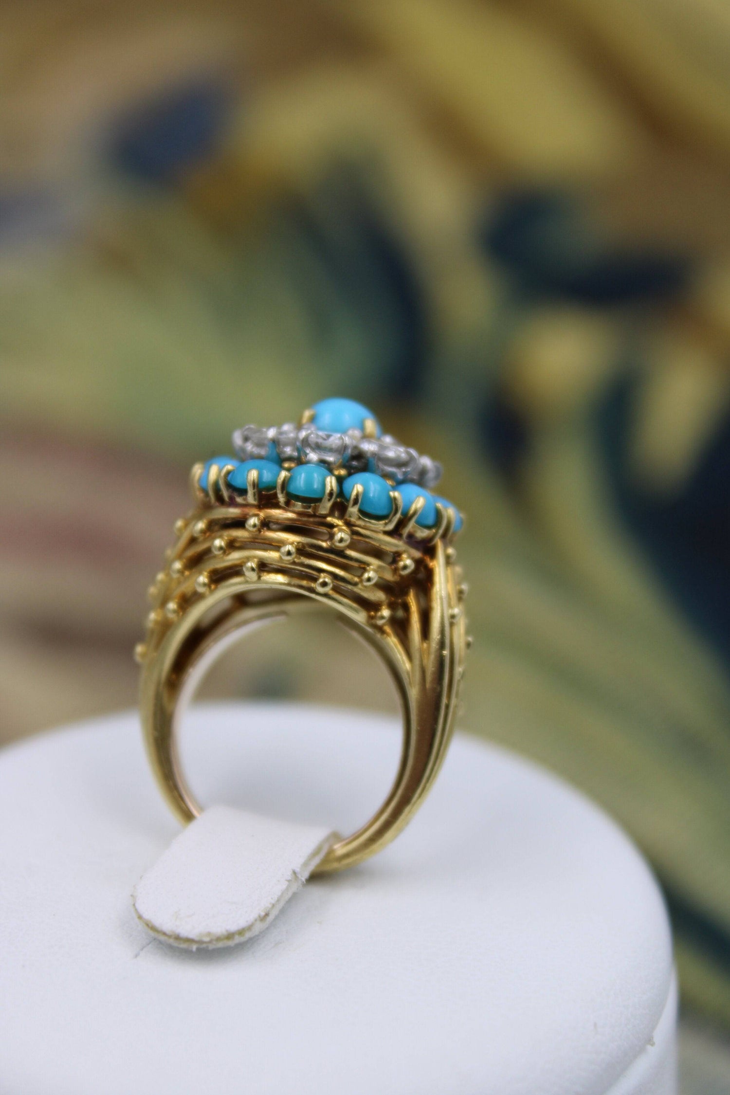A stylish Turquoise & Diamond Cocktail Ring set in  18ct Yellow Gold, French, Circa 1960 - Robin Haydock Antiques