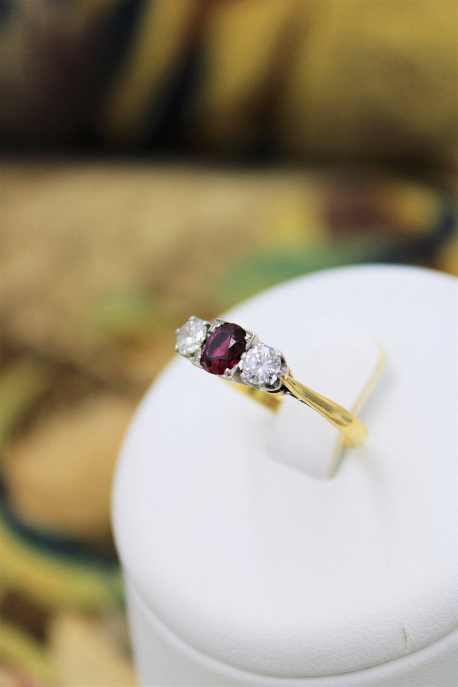 A very fine Three Stone Ruby & Diamond Ring mounted in 18ct Yellow Gold & Platinum, Circa 1950 - Robin Haydock Antiques