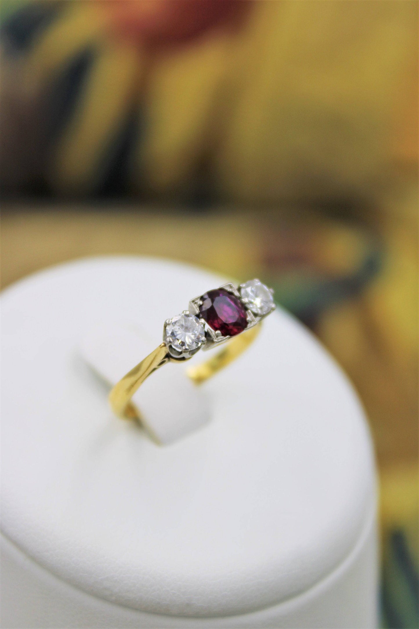 A very fine Three Stone Ruby & Diamond Ring mounted in 18ct Yellow Gold & Platinum, Circa 1950 - Robin Haydock Antiques