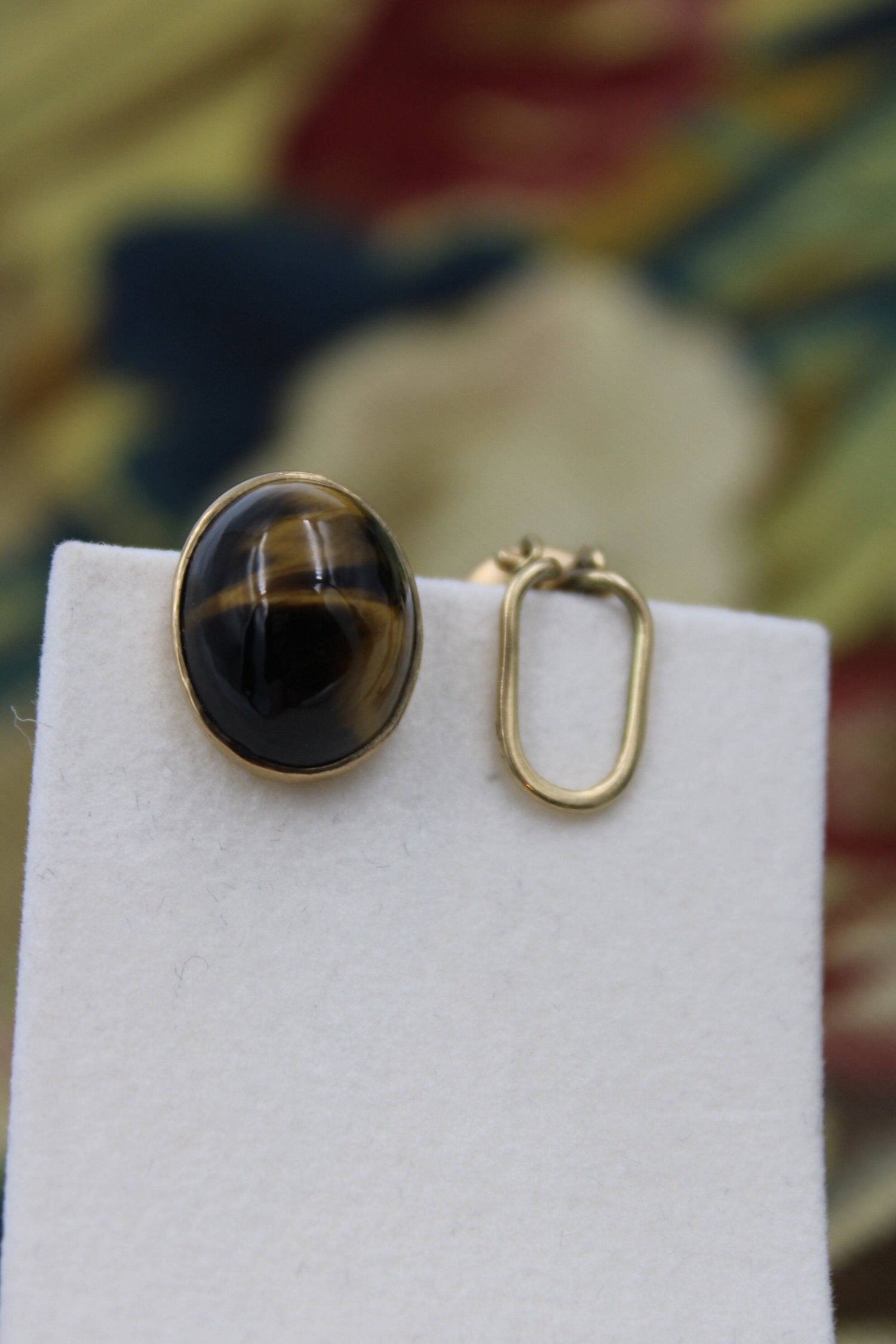 A fine pair of Oval "Tigers Eye" Earrings set in 9ct Yellow Gold, English, Circa 1950 - Robin Haydock Antiques