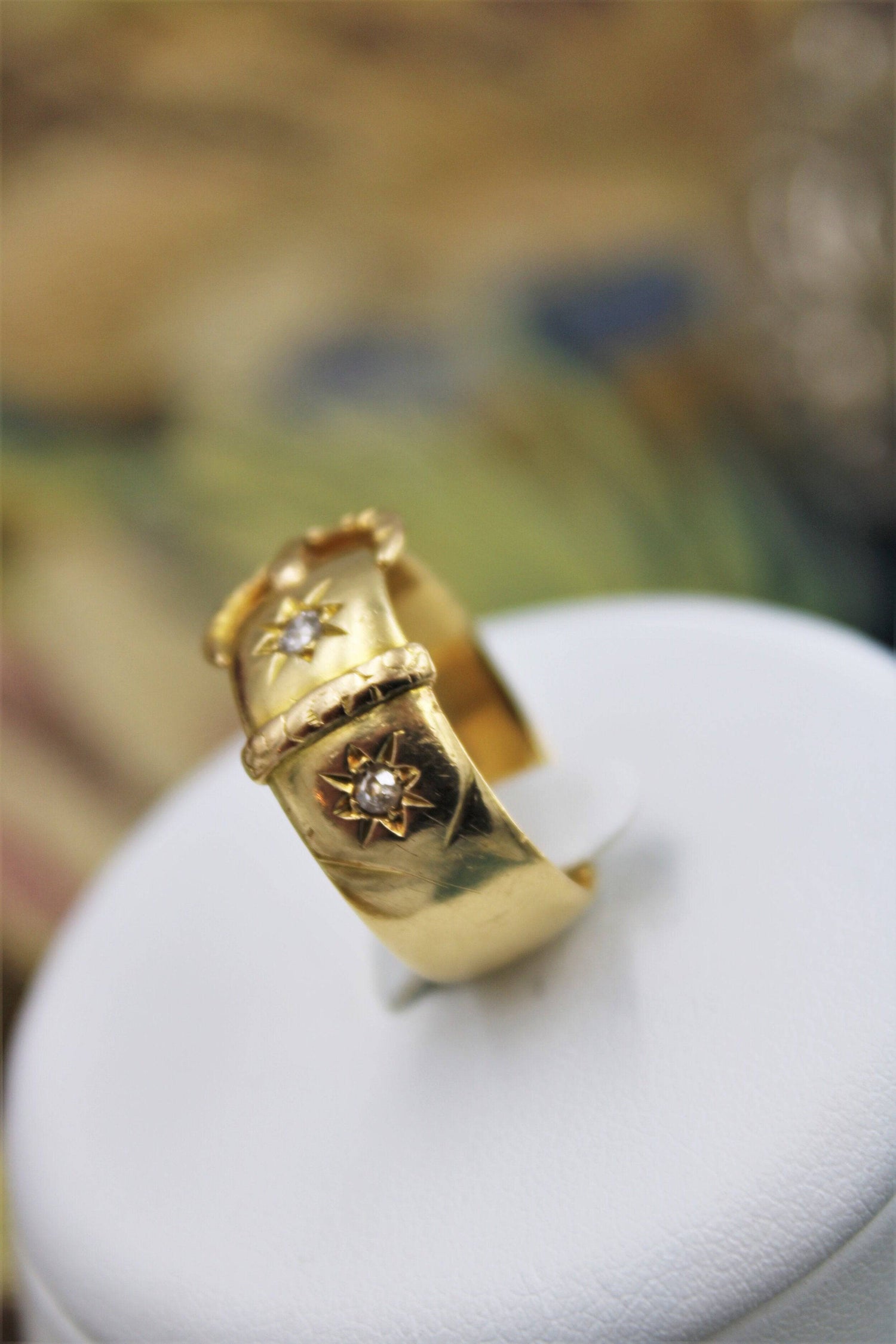 A fine Buckle ring finely chased with two "Old Cut" Diamonds set in 18ct Yellow Gold  (marked), Circa 1901 - Robin Haydock Antiques