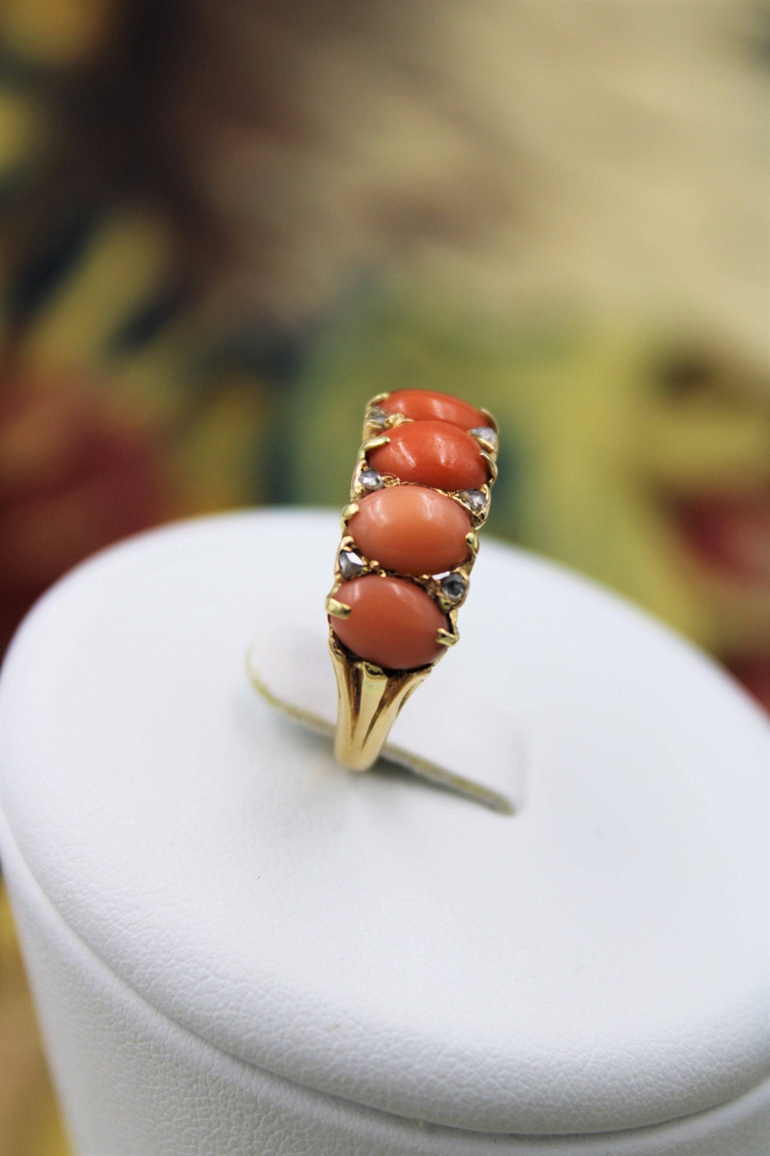 A very fine Victorian Coral and Diamond Ring set in 18ct Yellow Gold, English, Circa 1900 - Robin Haydock Antiques