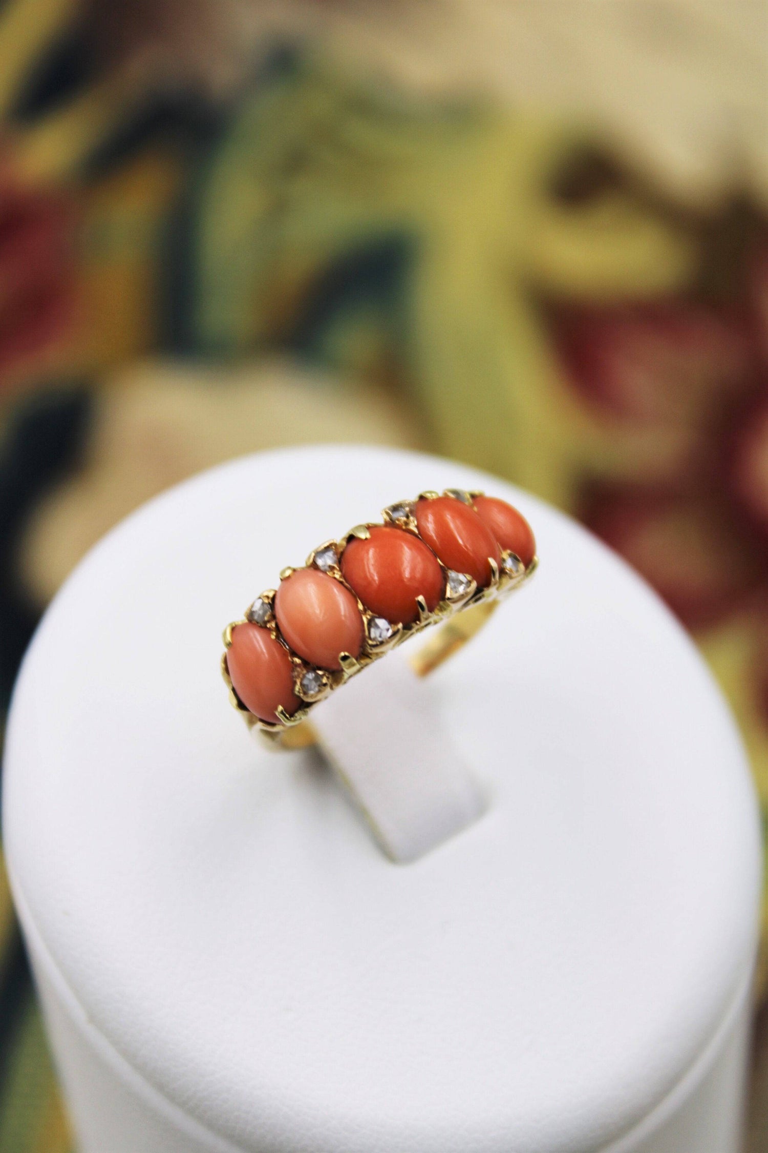 A very fine Victorian Coral and Diamond Ring set in 18ct Yellow Gold, English, Circa 1900 - Robin Haydock Antiques