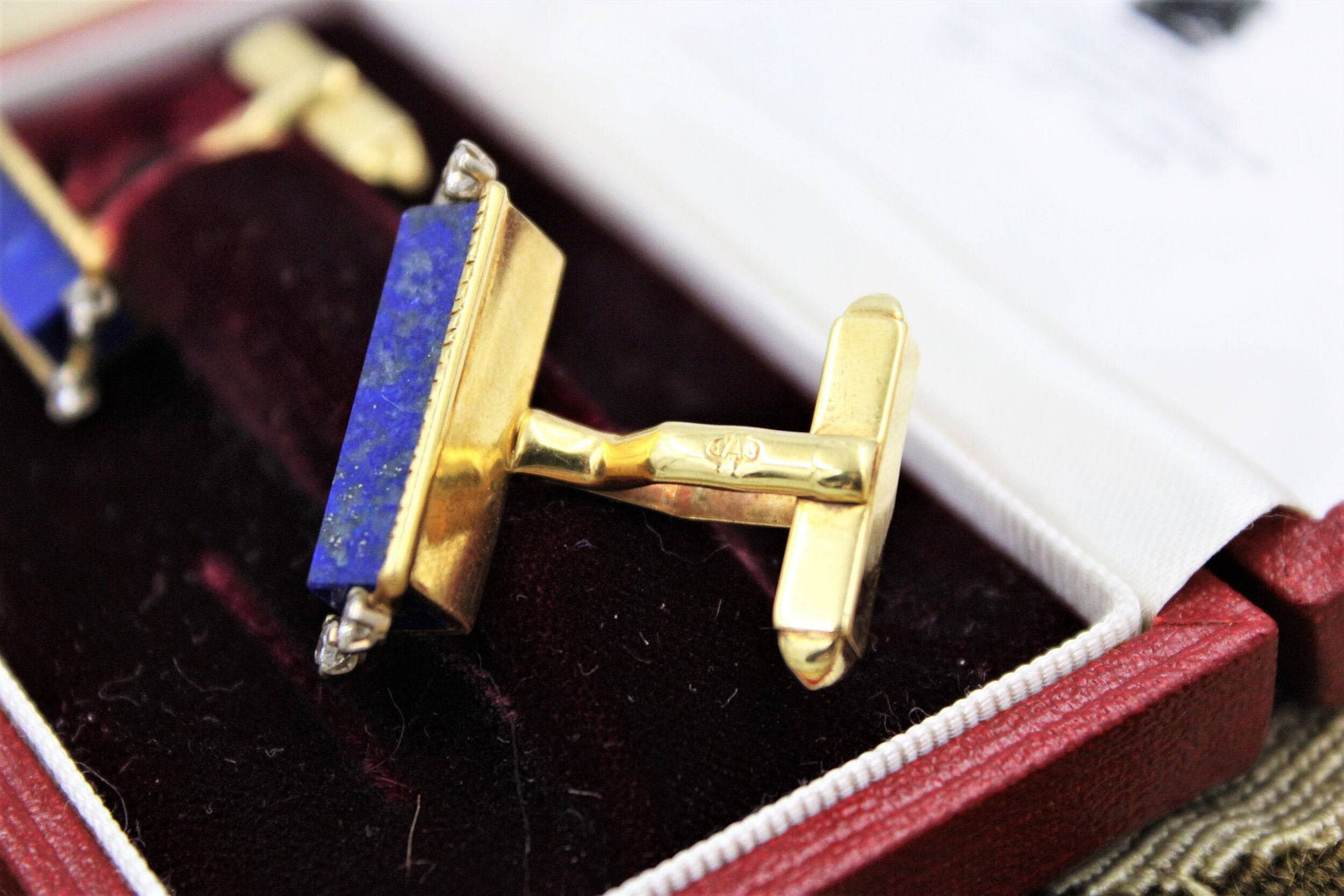 An exceptional pair of Lapis Lazuli and Diamond Cufflinks mounted in 18 Carat Yellow Gold, Aspreys' Date Mark 1974 - Robin Haydock Antiques