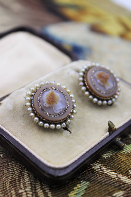 A very fine pair of Hardstone Cameo Earrings set in High Carat Yellow Gold, Circa 1830 - Robin Haydock Antiques