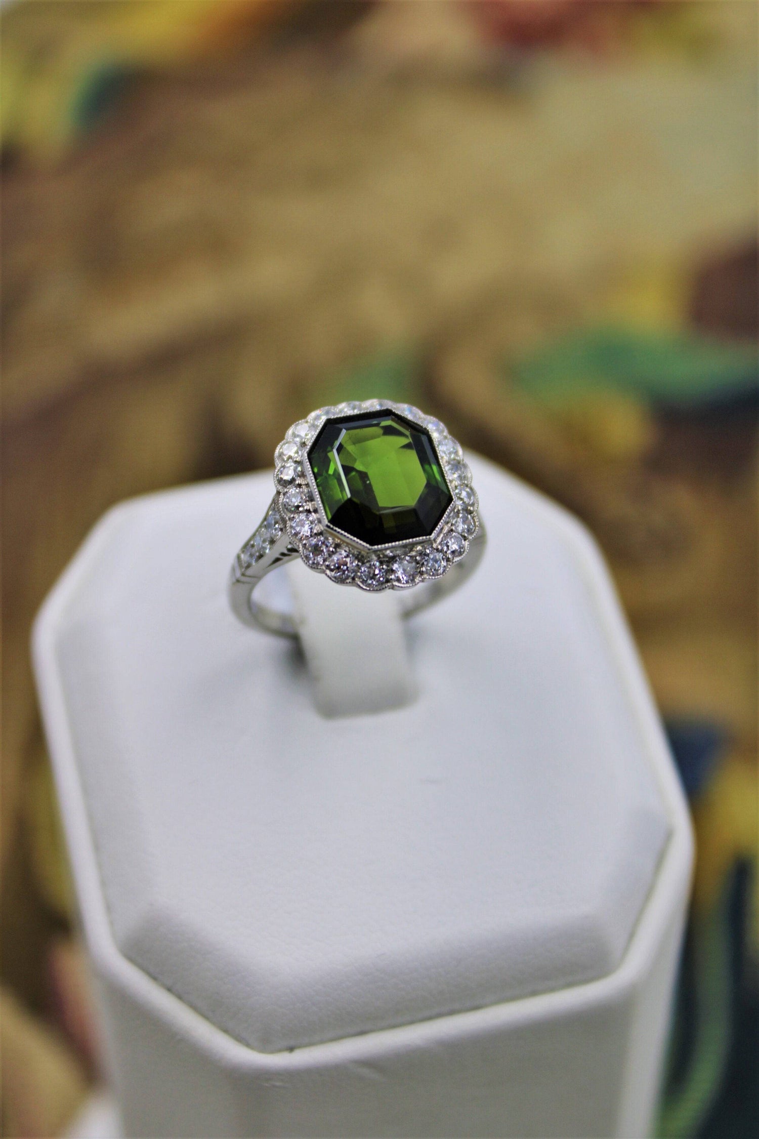 A very fine Green Tourmaline cluster Ring set in Platinum, Pre-Owned - Robin Haydock Antiques