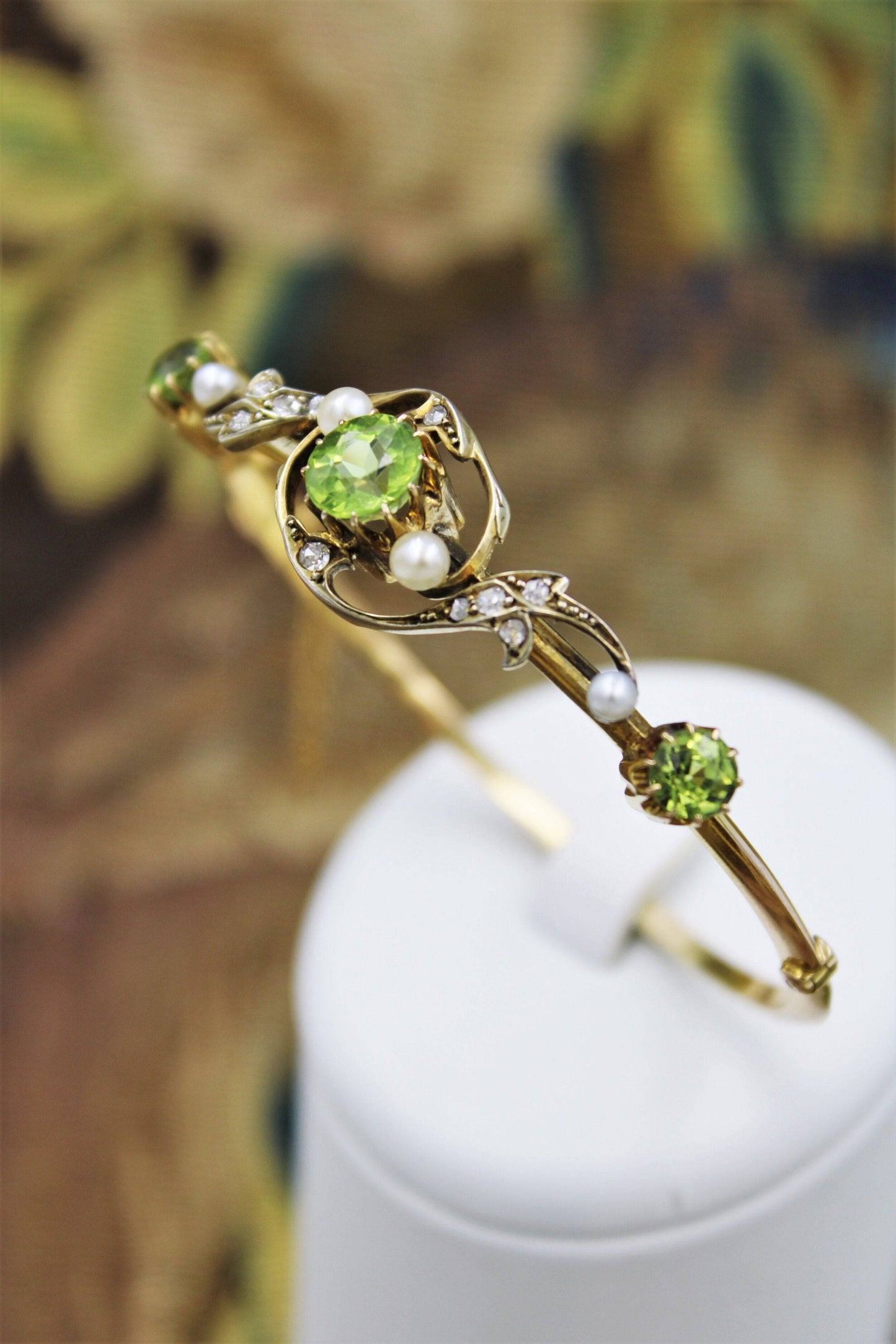 A very fine Peridot, Diamond and Natural Pearl Bangle mounted in 15ct Yellow Gold, English, Circa 1905 - Robin Haydock Antiques