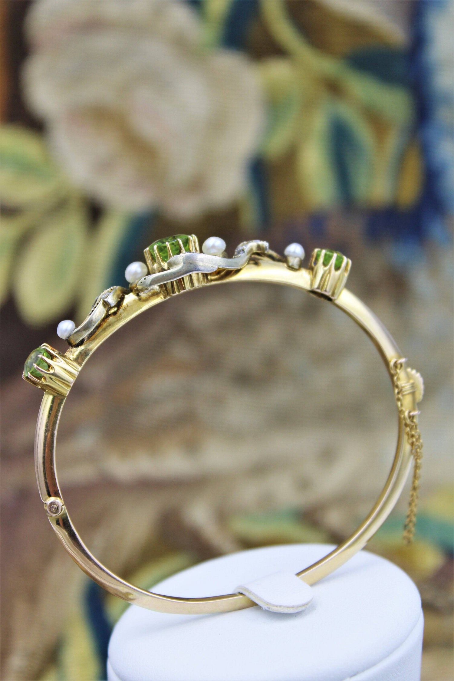 A very fine Peridot, Diamond and Natural Pearl Bangle mounted in 15ct Yellow Gold, English, Circa 1905 - Robin Haydock Antiques