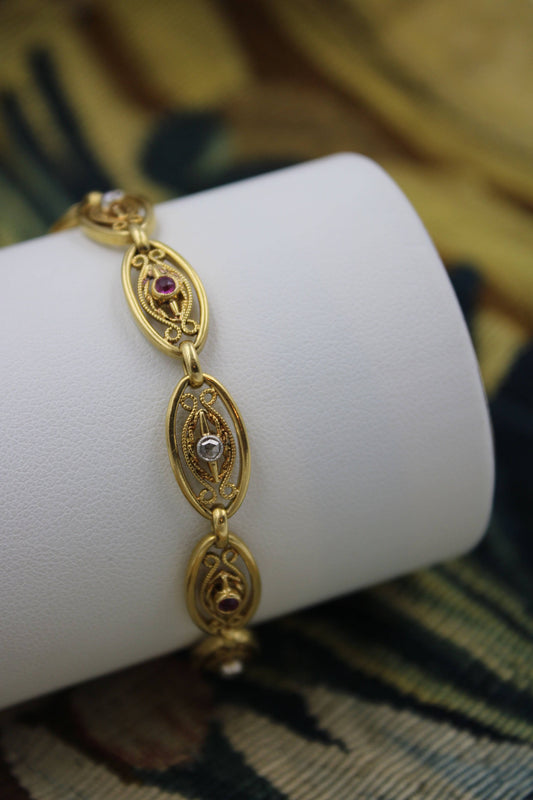 A Belle Epoque Diamond and Ruby, Yellow Gold Bracelet set in 18 ct. Gold & Platinum, French, Circa 1900 - Robin Haydock Antiques