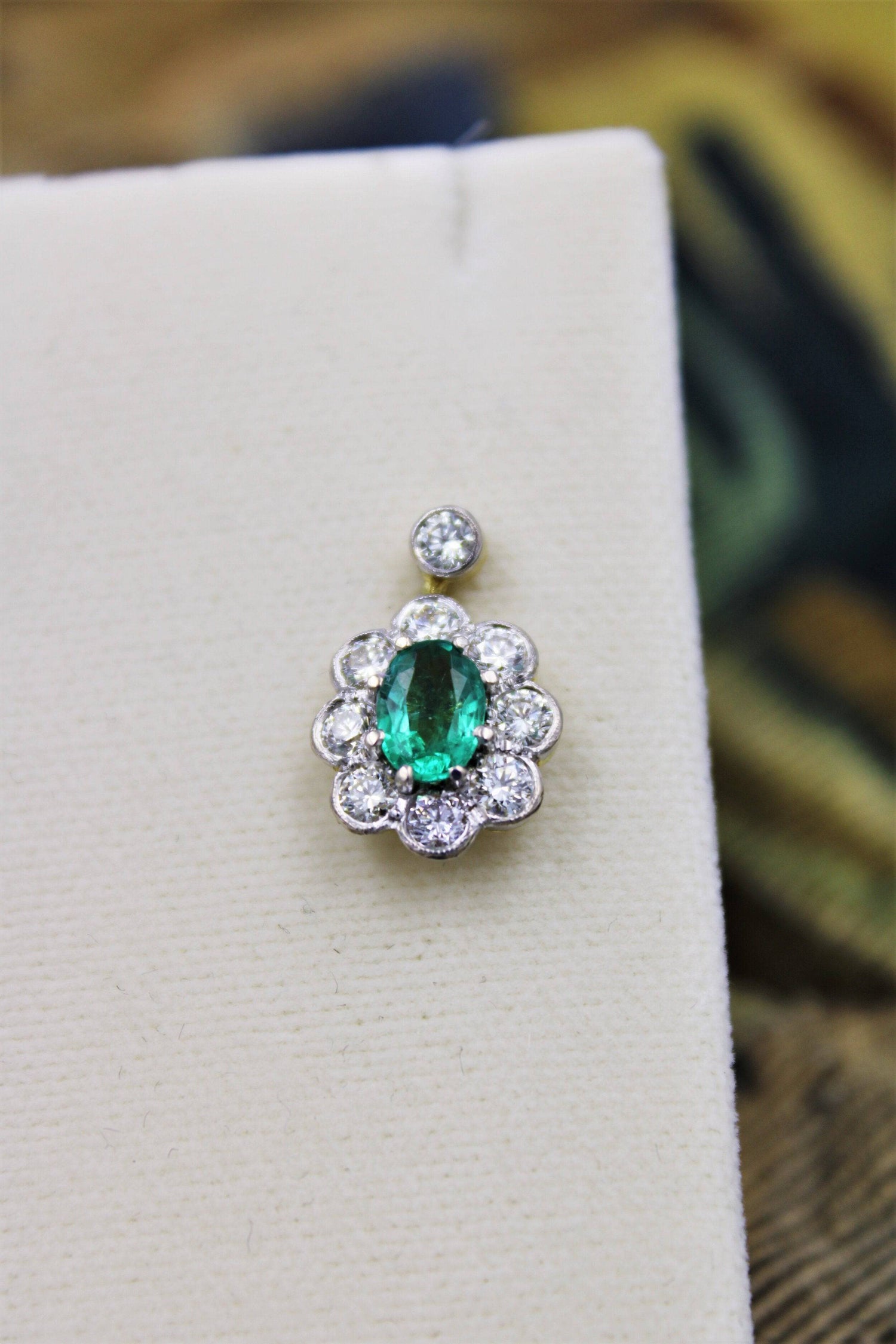A fine pair of Emerald & Diamond Cluster Drop Earrings set in 18 Carat White & Yellow gold, Pre-owned - Robin Haydock Antiques