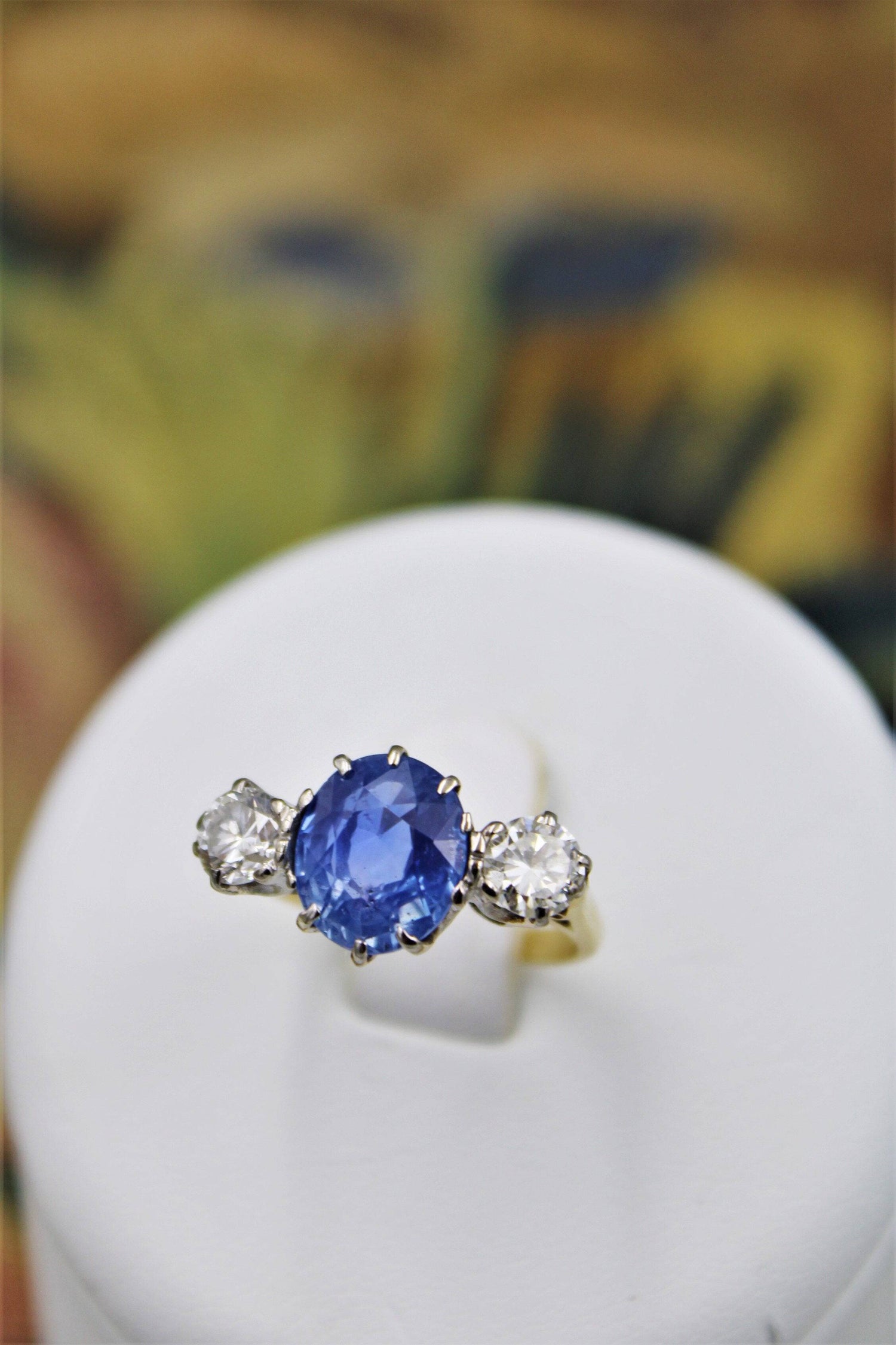A fine Sapphire & Diamond Three Stone Ring mounted in 18 Carat Yellow Gold & Platinum (stamped), Circa 1960 - Robin Haydock Antiques