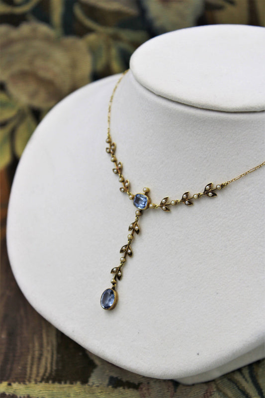 A very beautiful 15 Carat Yellow Gold (stamped) Natural Sapphire & Seed Pearl Demi-Necklace, Belle Époque Circa 1905 - Robin Haydock Antiques