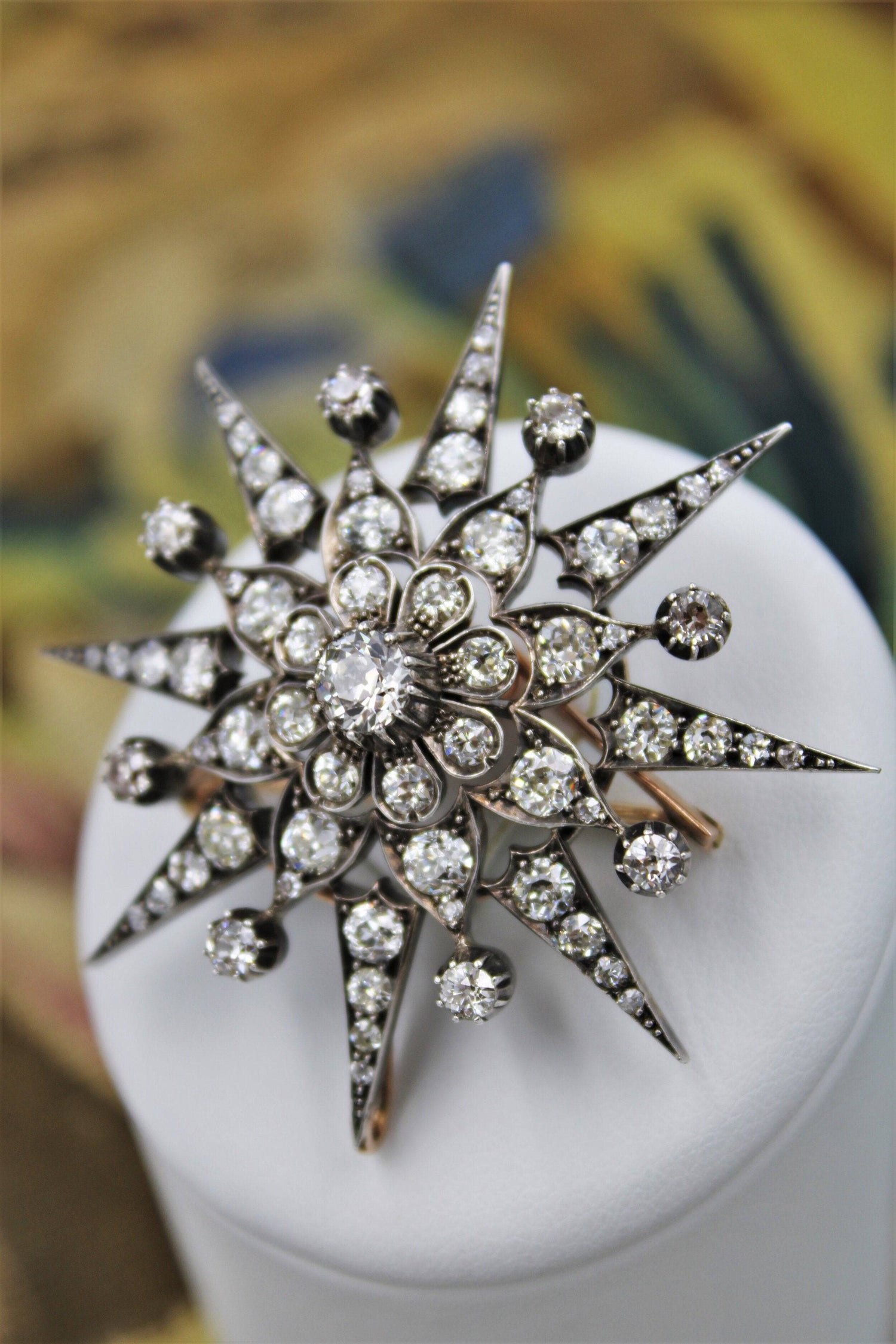 An exquisite Victorian Diamond Starburst Brooch / Pendant / Hair Ornament mounted in 10 Carat Rose Gold & Silver - Tipped, English, Circa 1880 - Robin Haydock Antiques