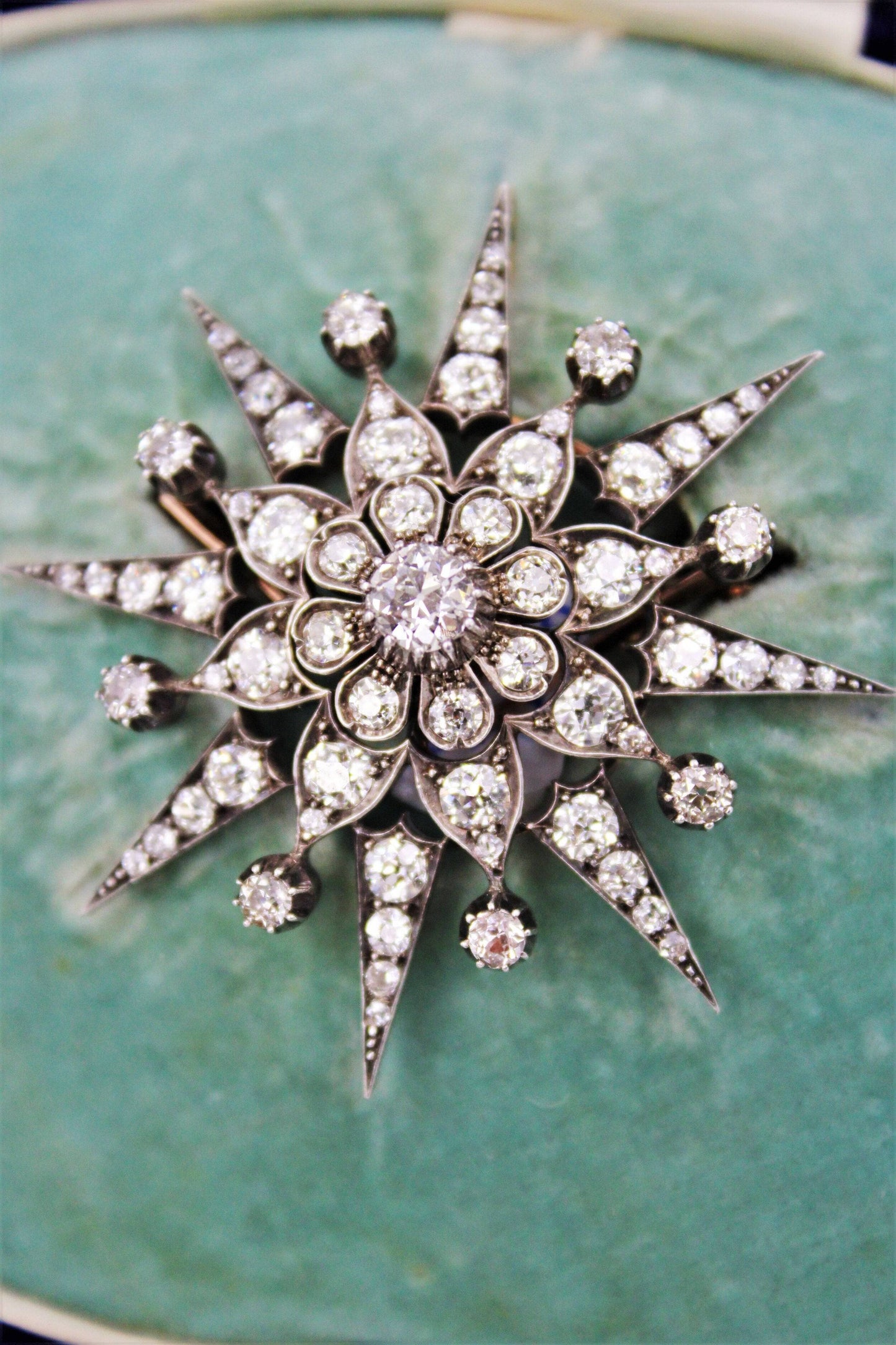 An exquisite Victorian Diamond Starburst Brooch / Pendant / Hair Ornament mounted in 10 Carat Rose Gold & Silver - Tipped, English, Circa 1880 - Robin Haydock Antiques