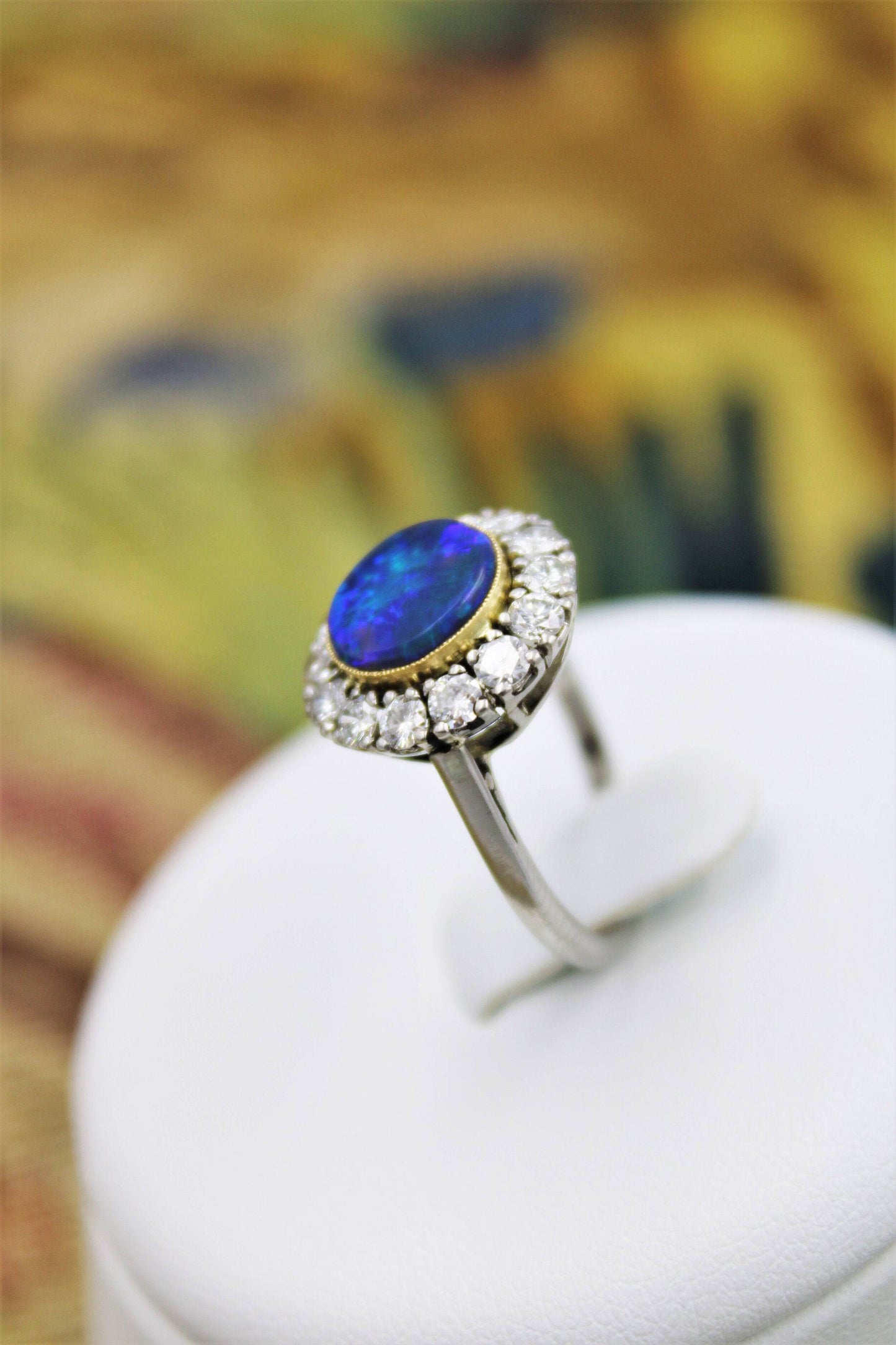 An Exceptional Black Opal, Diamond and Platinum (tested) Diamond Cluster Ring, Continental, Circa 1950. - Robin Haydock Antiques