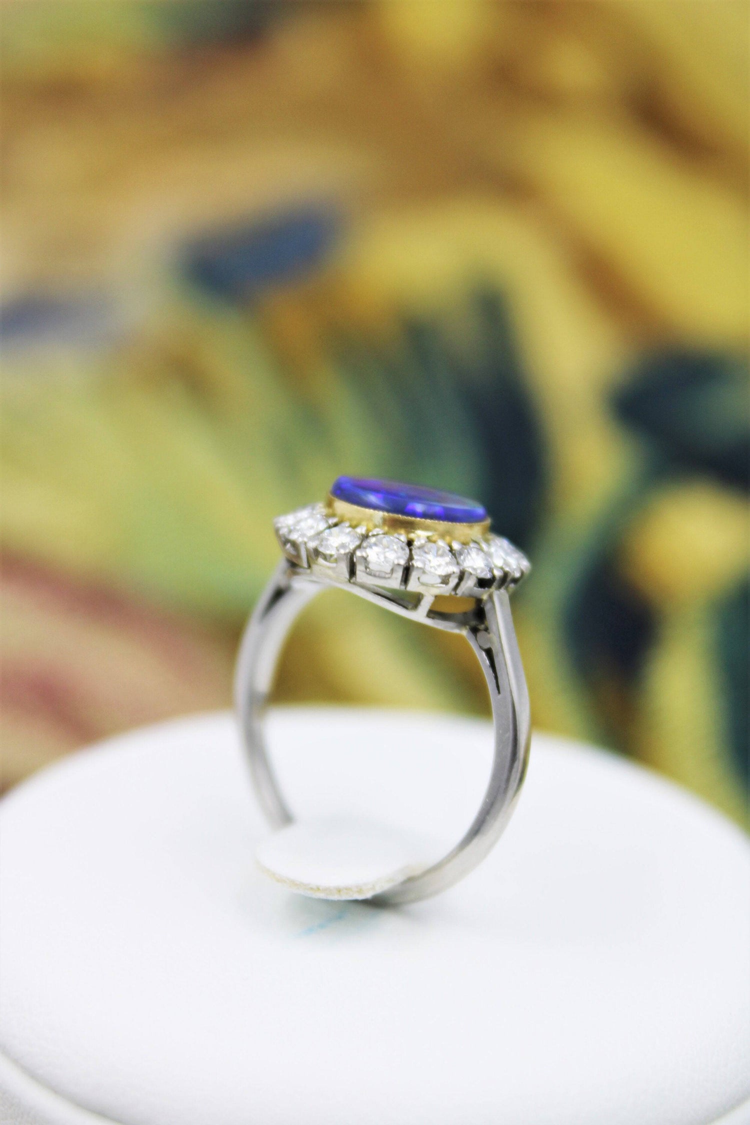 An Exceptional Black Opal, Diamond and Platinum (tested) Diamond Cluster Ring, Continental, Circa 1950. - Robin Haydock Antiques