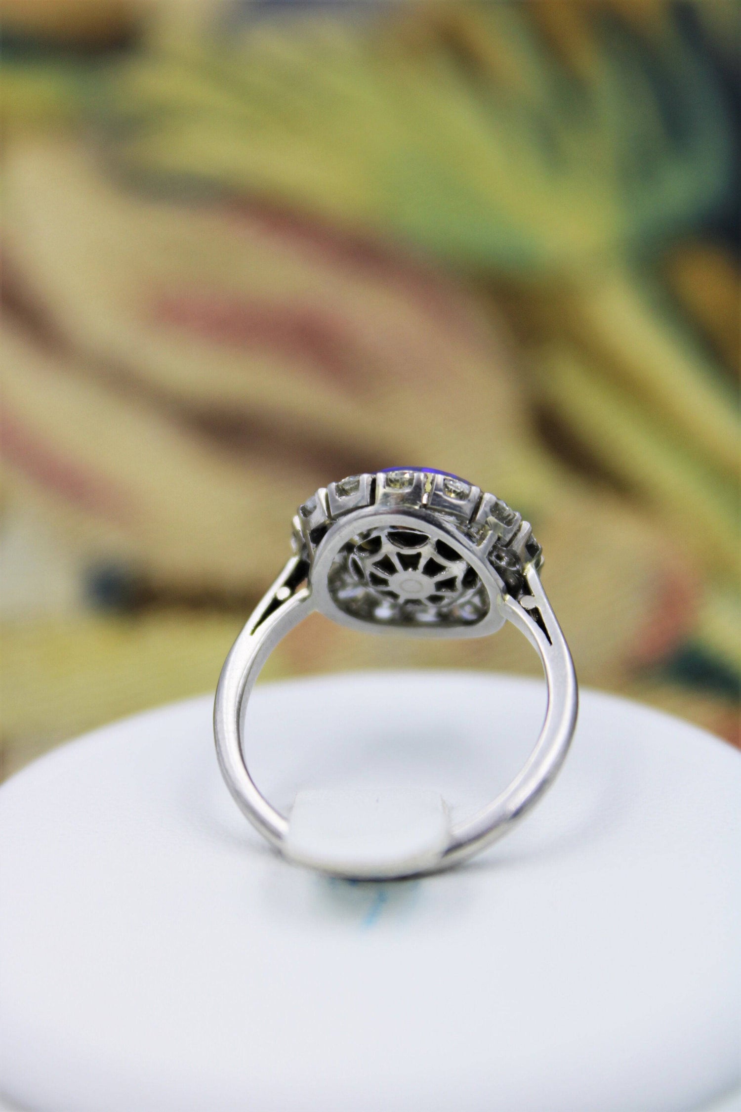 An Exceptional Black Opal, Diamond and Platinum (tested) Diamond Cluster Ring, Continental, Circa 1950. - Robin Haydock Antiques