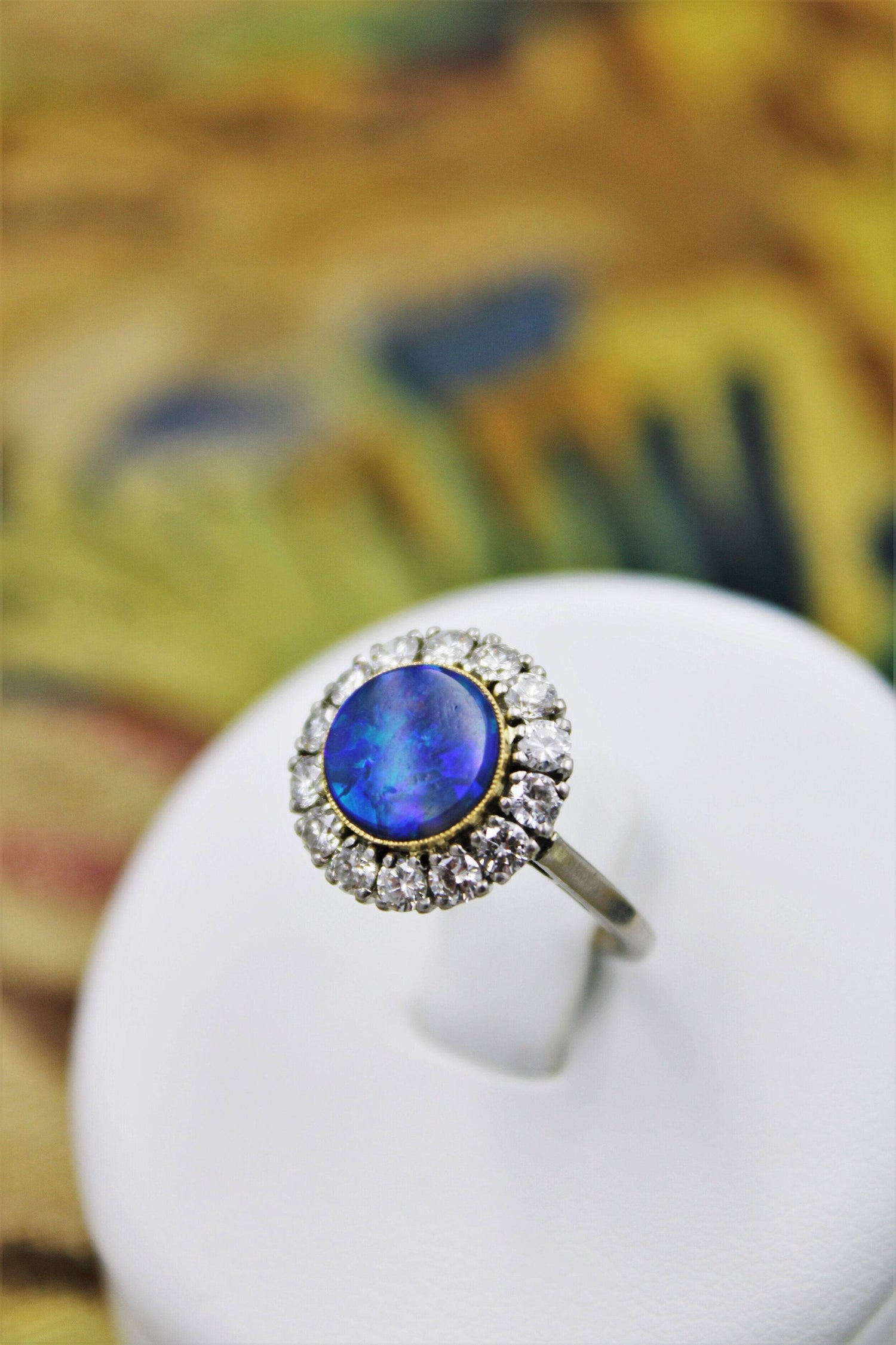 An Exceptional Black Opal, Diamond and Platinum (tested) Diamond Cluster Ring, Continental, Circa 1950. - Robin Haydock Antiques