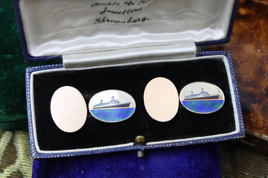 An extremely fine pair of oval 9ct Yellow Gold & Enamel Cufflinks celebrating the Queen Elizabeth II   (Cunard), English, Circa 1969 - Robin Haydock Antique Jewellery