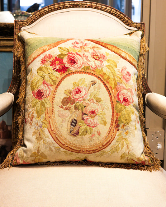 Five Antique Cushions/Pillows of Early 19th C' Hand Woven Silk and Wool Aubusson Tapestry, Circa 1820,  trimmed in Vert Havanne Silk and Cotton Fringe, re-backed in Pure Silk Dupion. - Robin Haydock Antiques
