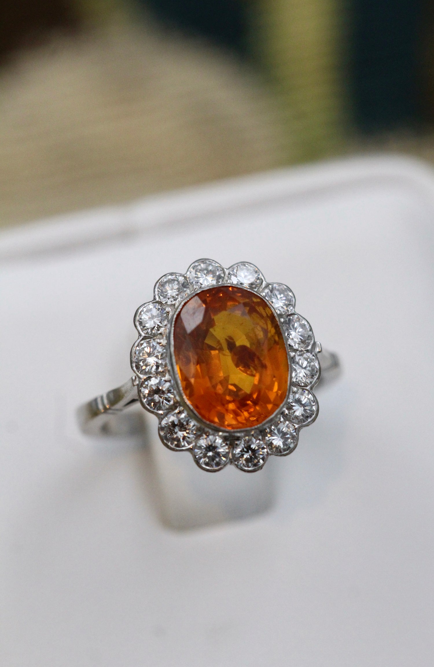 A very fine 18 carat White Gold, Orange Ceylon Sapphire and Diamond Cluster Ring. - Robin Haydock Antiques
