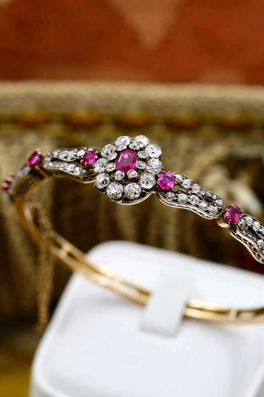 An extraordinary Burmese Ruby & Diamond Bangle in 18ct Gold and Silver Tipped, French, Circa 1880 - Robin Haydock Antiques