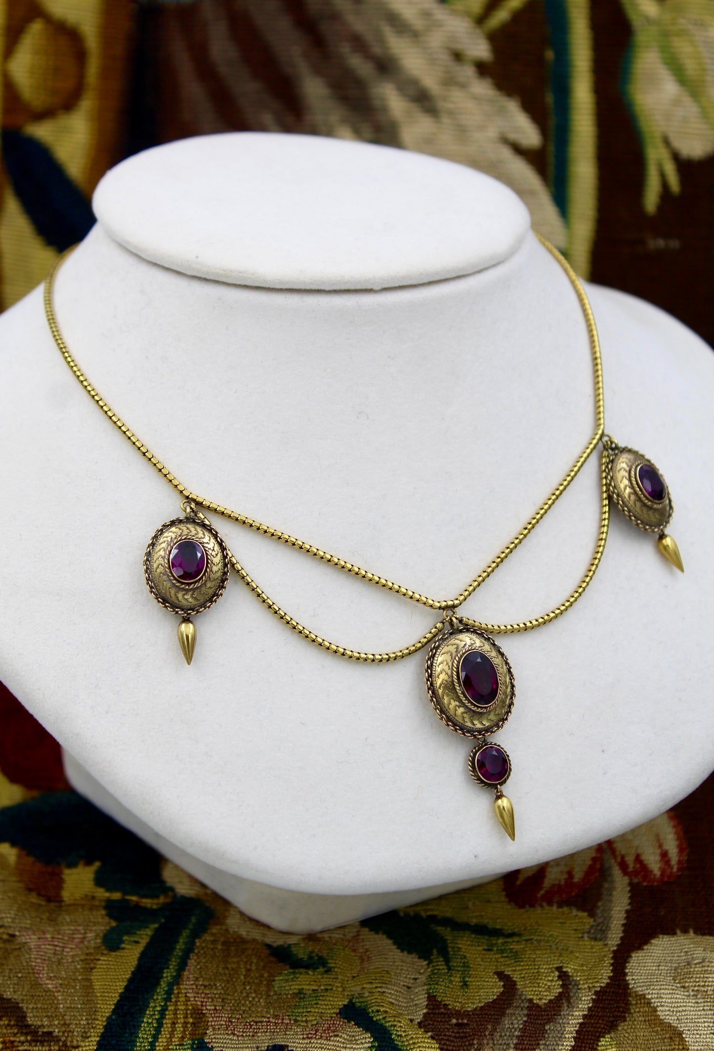 A very fine 15 carat (tested) Almandine Garnet Triple Pendant Necklace. Circa 25 February 1860 - Robin Haydock Antiques